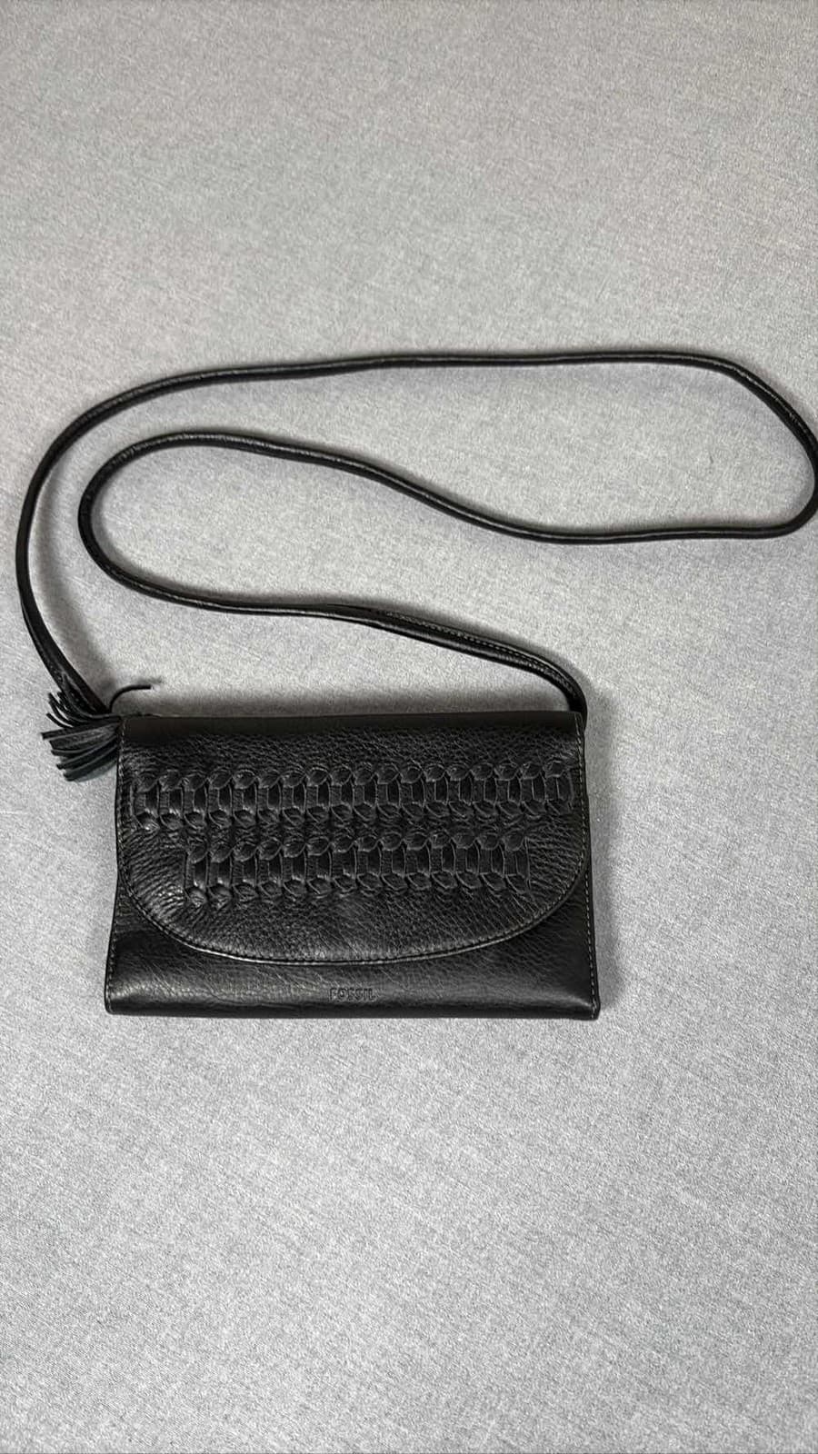 Fossil Sophia Black Pebbled Leather Braided Flap Crossbody Wallet Bag Purse