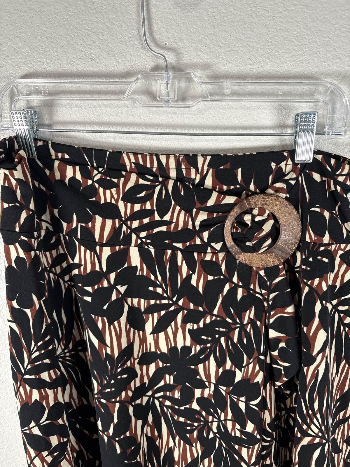 New York & Company Skirt M Brown Black Leaf Abstract Print Buckle A-Line - Thumbnail 5