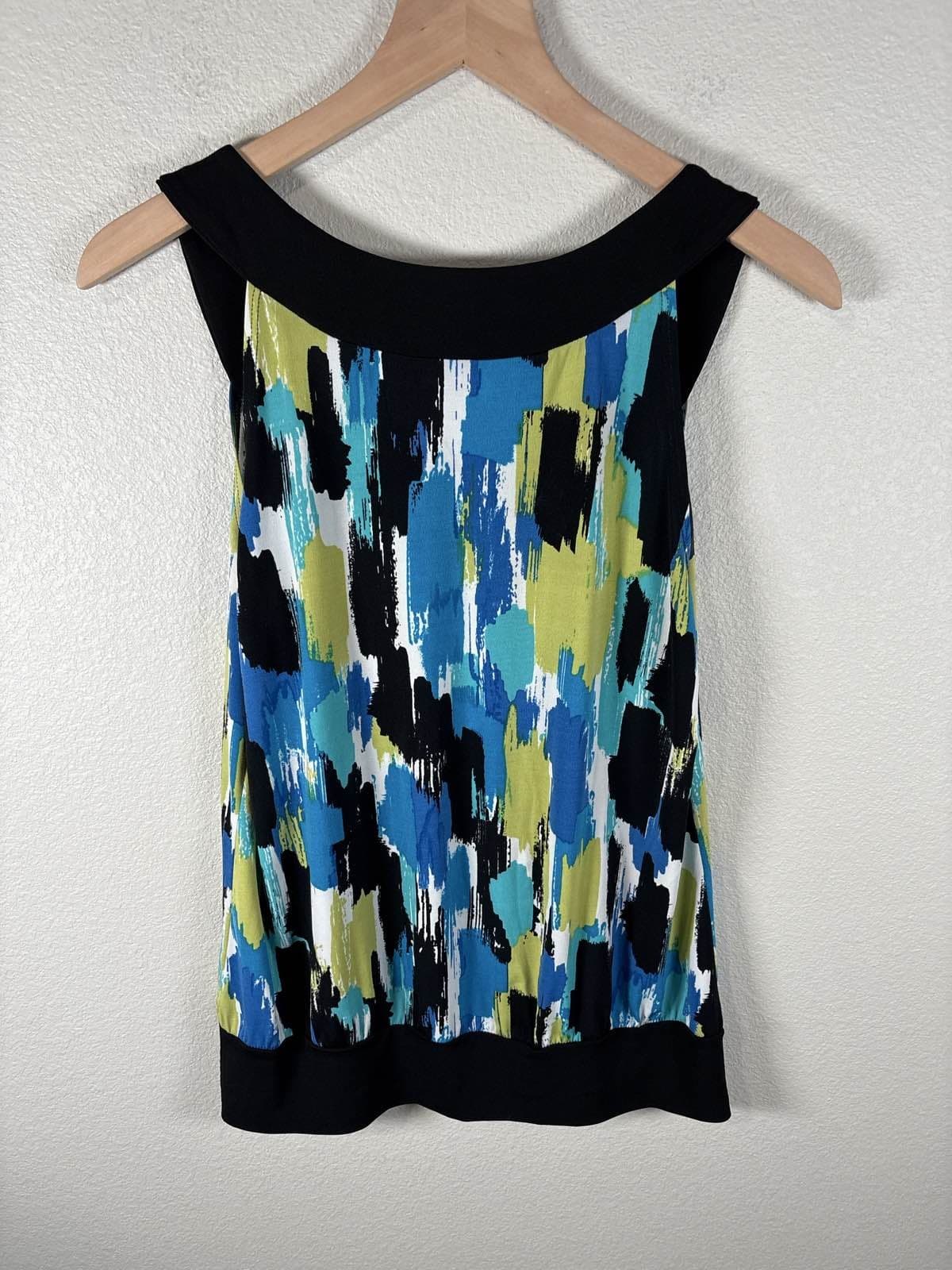 IZ Byer California L Sleeveless Abstract Blouse Blue Green Black USA - Thumbnail 3