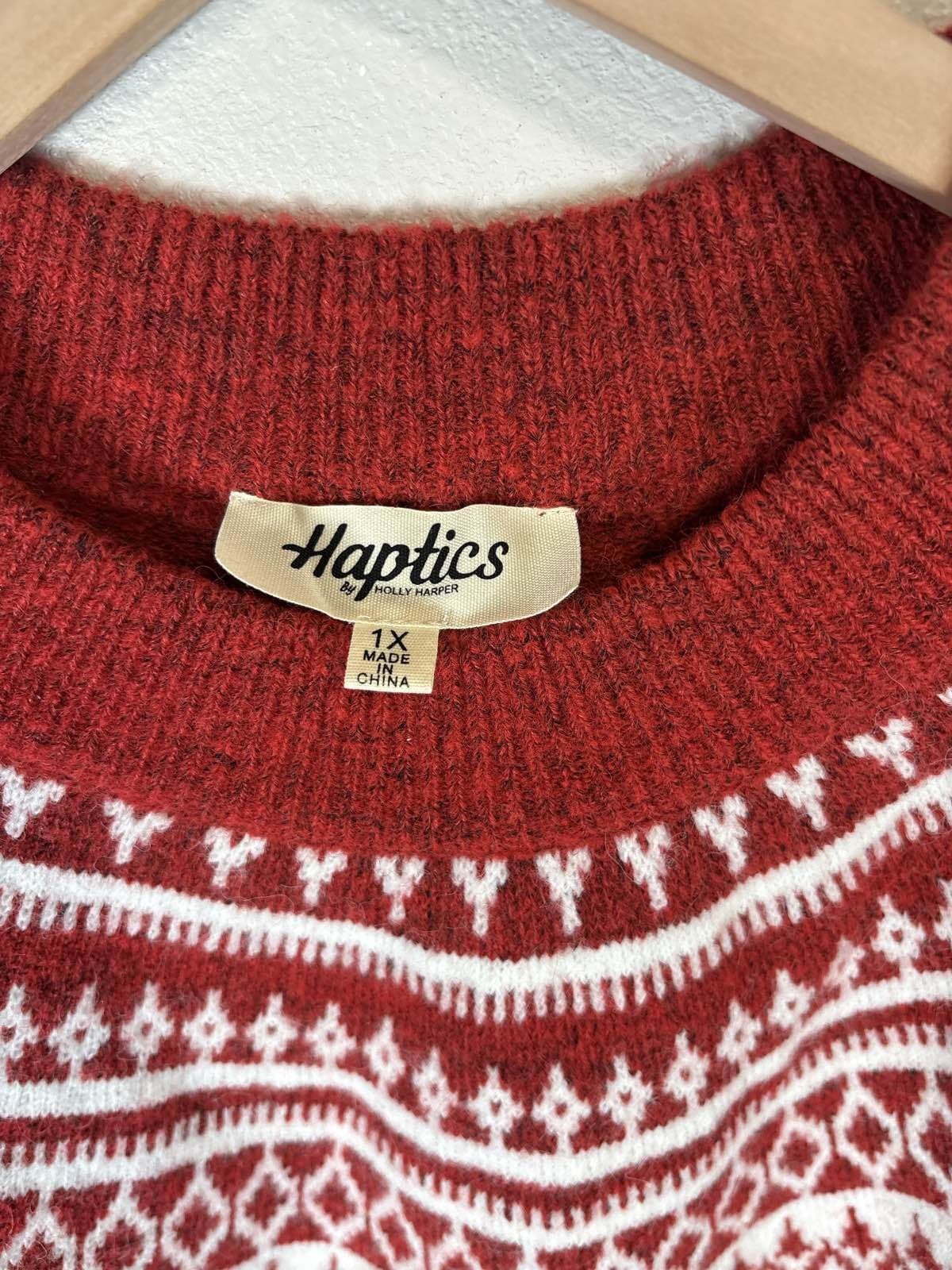 Haptics Holly Harper Red White Fair Isle Knit Pullover 1X - Thumbnail 2