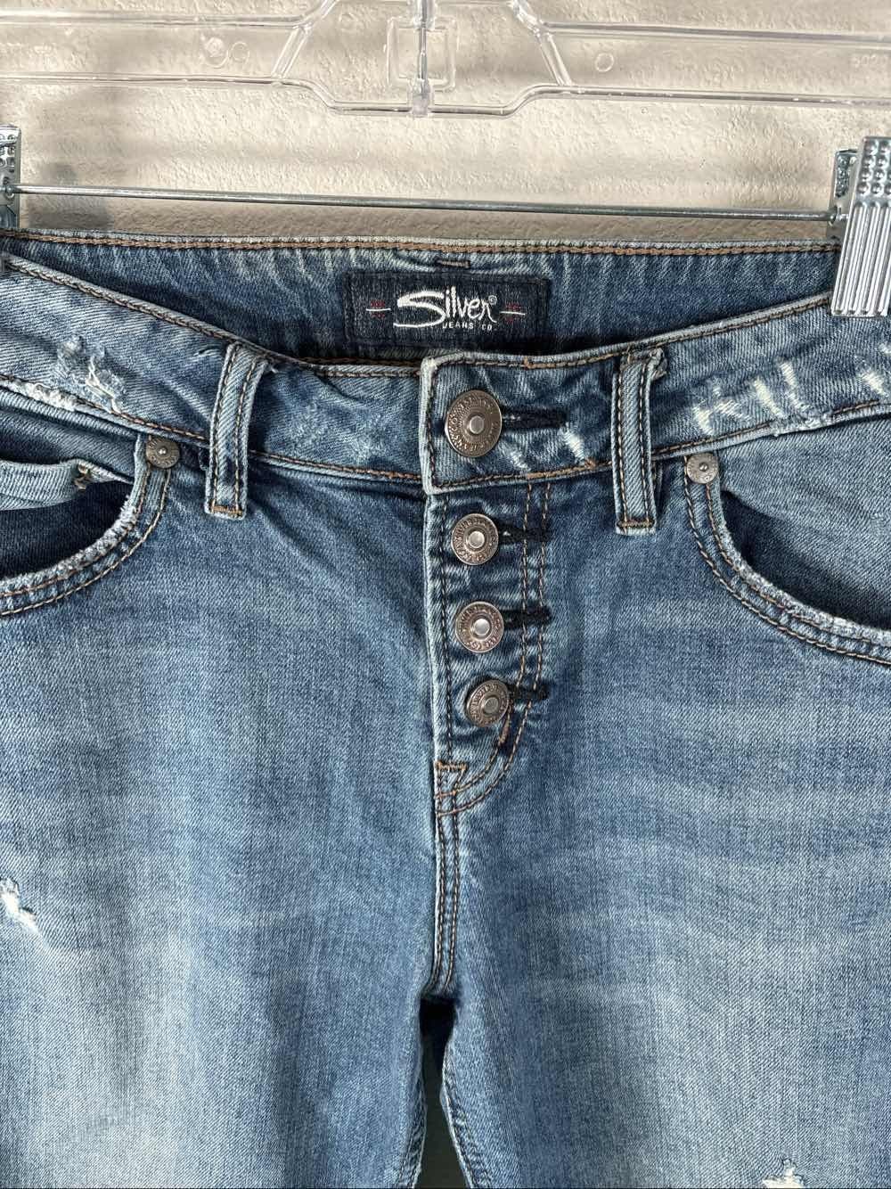 Silver Jeans Avery Slim Crop Button Fly Distressed Stretch Womens 28 x 25 - Thumbnail 2
