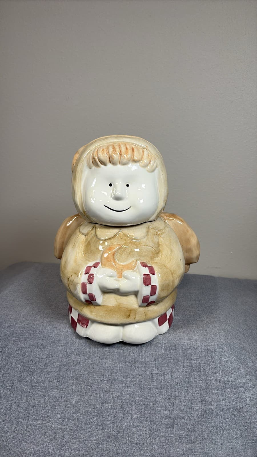 Design Pac Angel Cookie Jar Beige Red Plaid Heart Wings