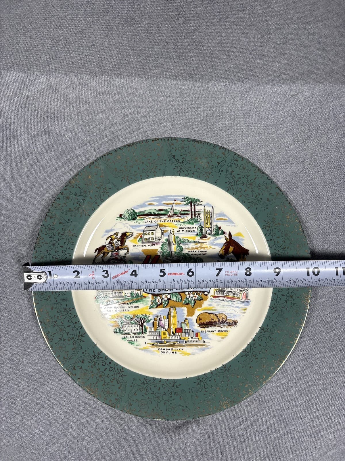 Vintage MCM Missouri The Show Me State Souvenir Plate 10Inch Green Gold Trim - Thumbnail 3