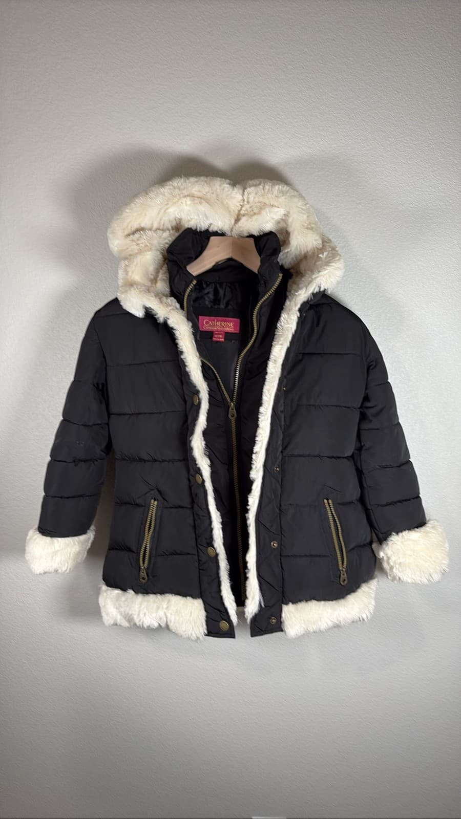 Catherine Malandrino Girls Black Puffer Sherpa Lined Winter Jacket Coat