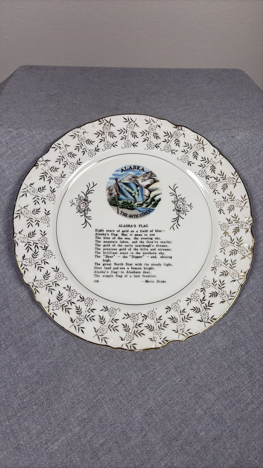 Vintage Alaska The 49th State Souvenir Decorative Plate Gold Trim Poem