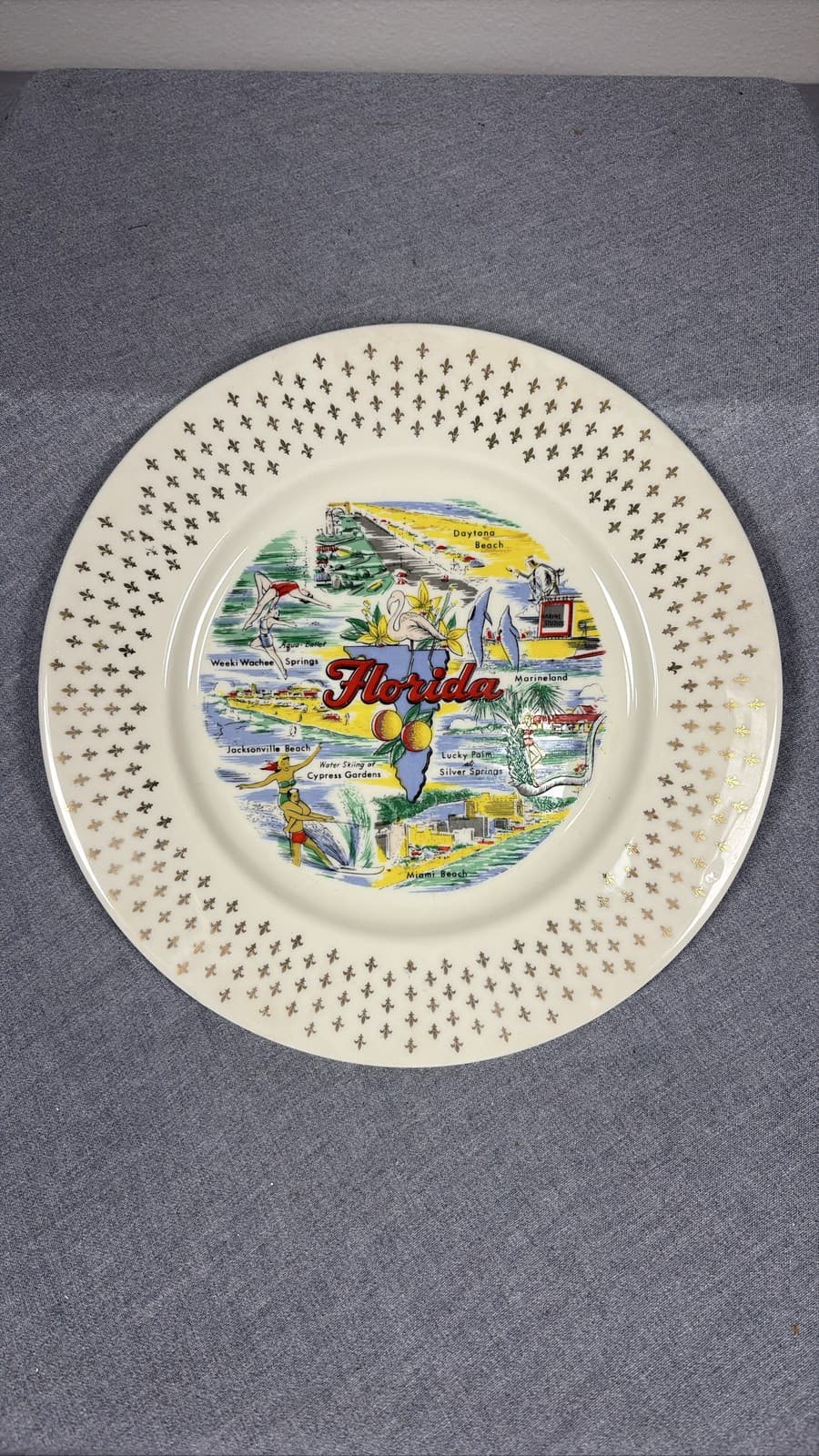 Vintage Florida Souvenir Plate Daytona Beach Silver Springs Gold Trim Lattice
