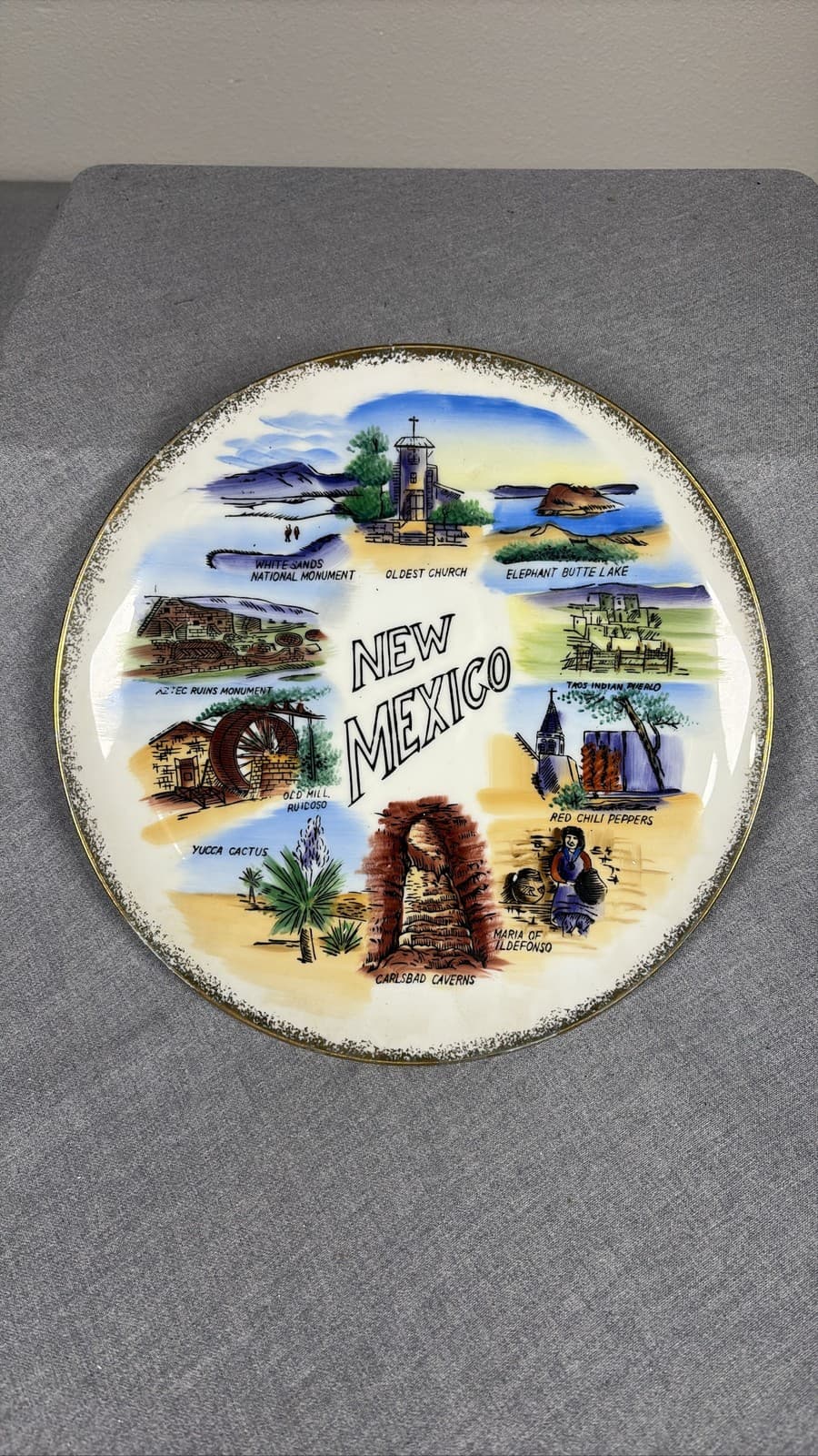 Vintage New Mexico Souvenir Plate Landmarks Gold Trim Decorative Ceramic Dish
