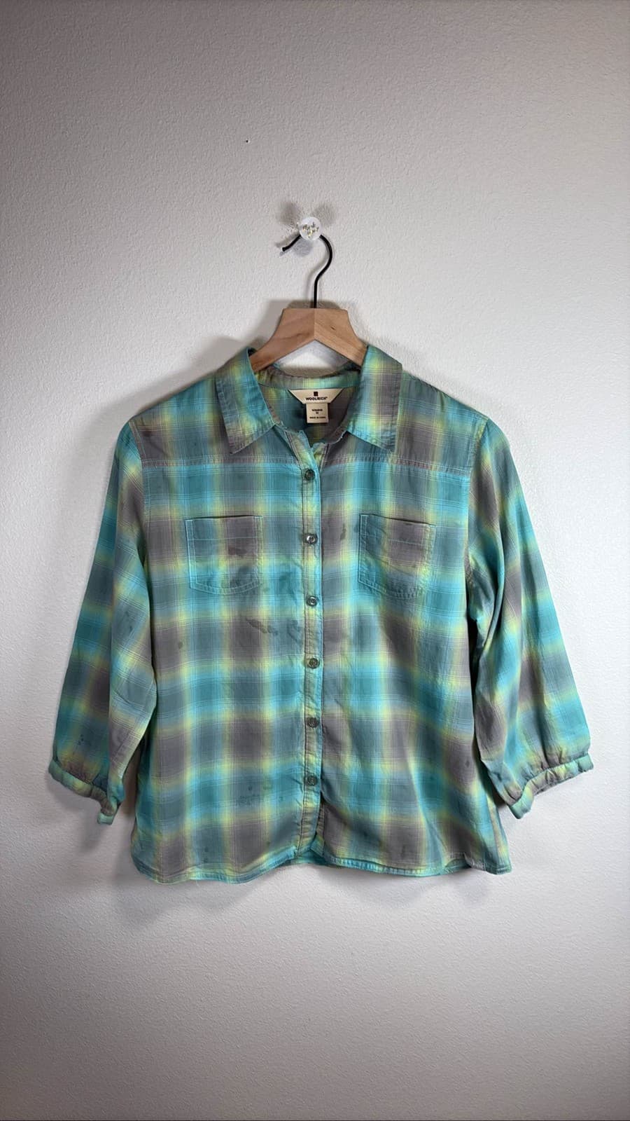Woolrich Women's M Plaid Flannel 3/4 Sleeve Button Up Shirt Teal Green