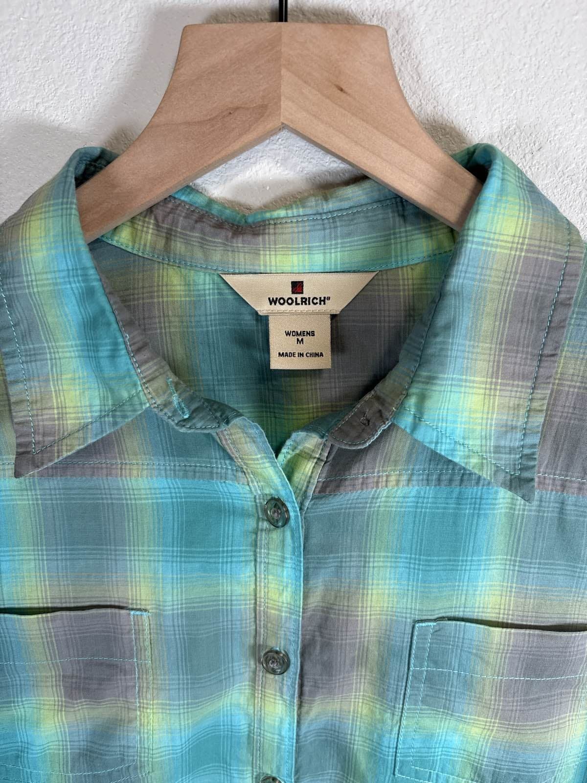 Woolrich Women's M Plaid Flannel 3/4 Sleeve Button Up Shirt Teal Green - Thumbnail 2