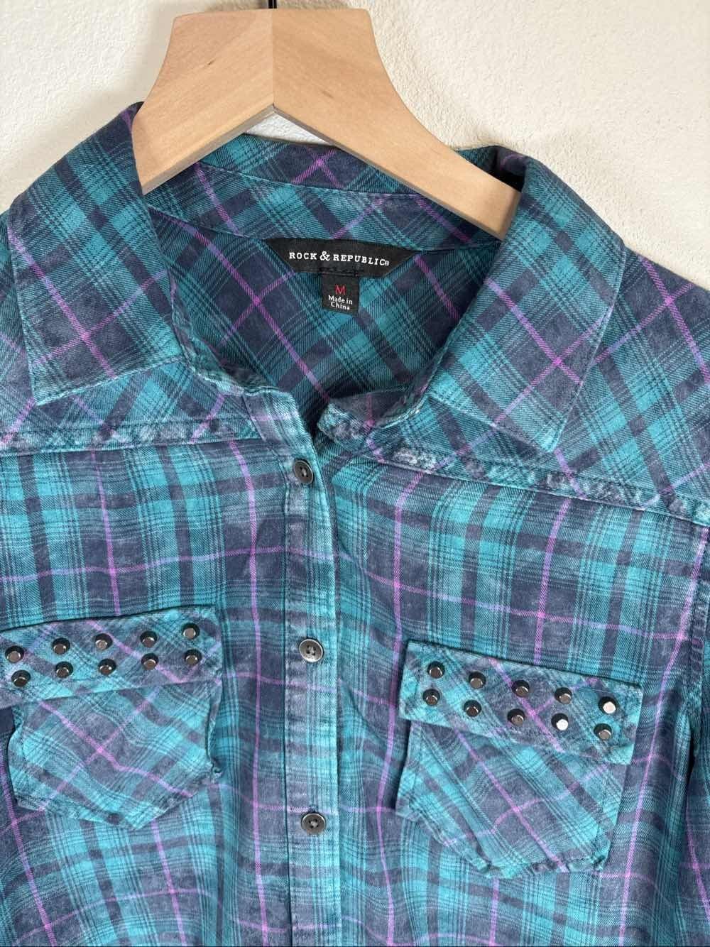 Rock & Republic Women's L Plaid Shirt Studded Pockets Teal Purple - Thumbnail 2