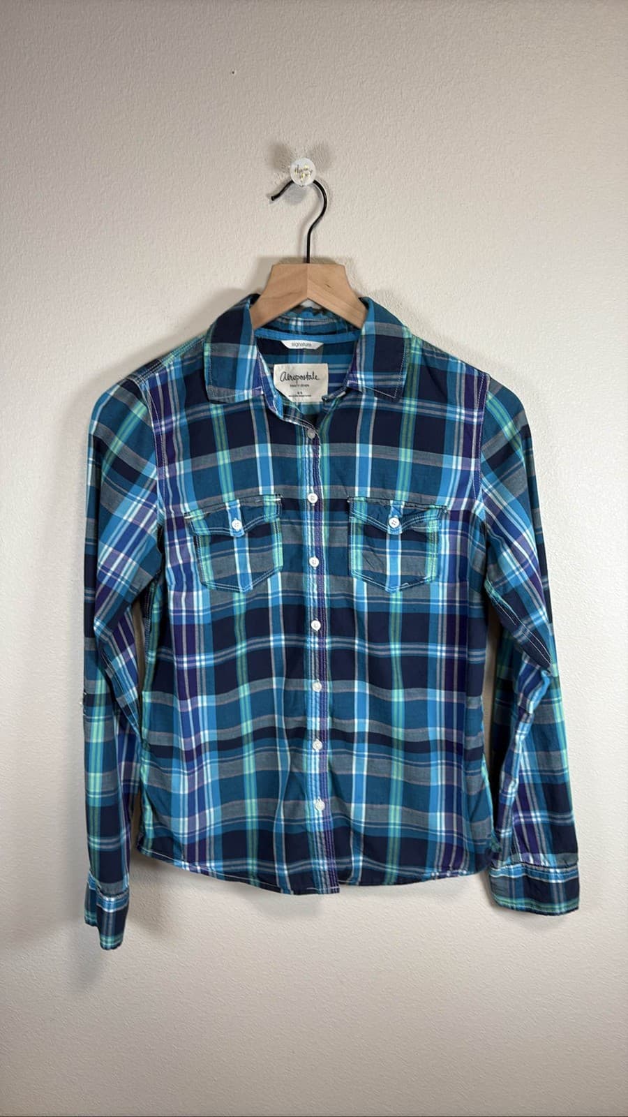 Aeropostale Signature Women's Blue Green Plaid Button Up Shirt M