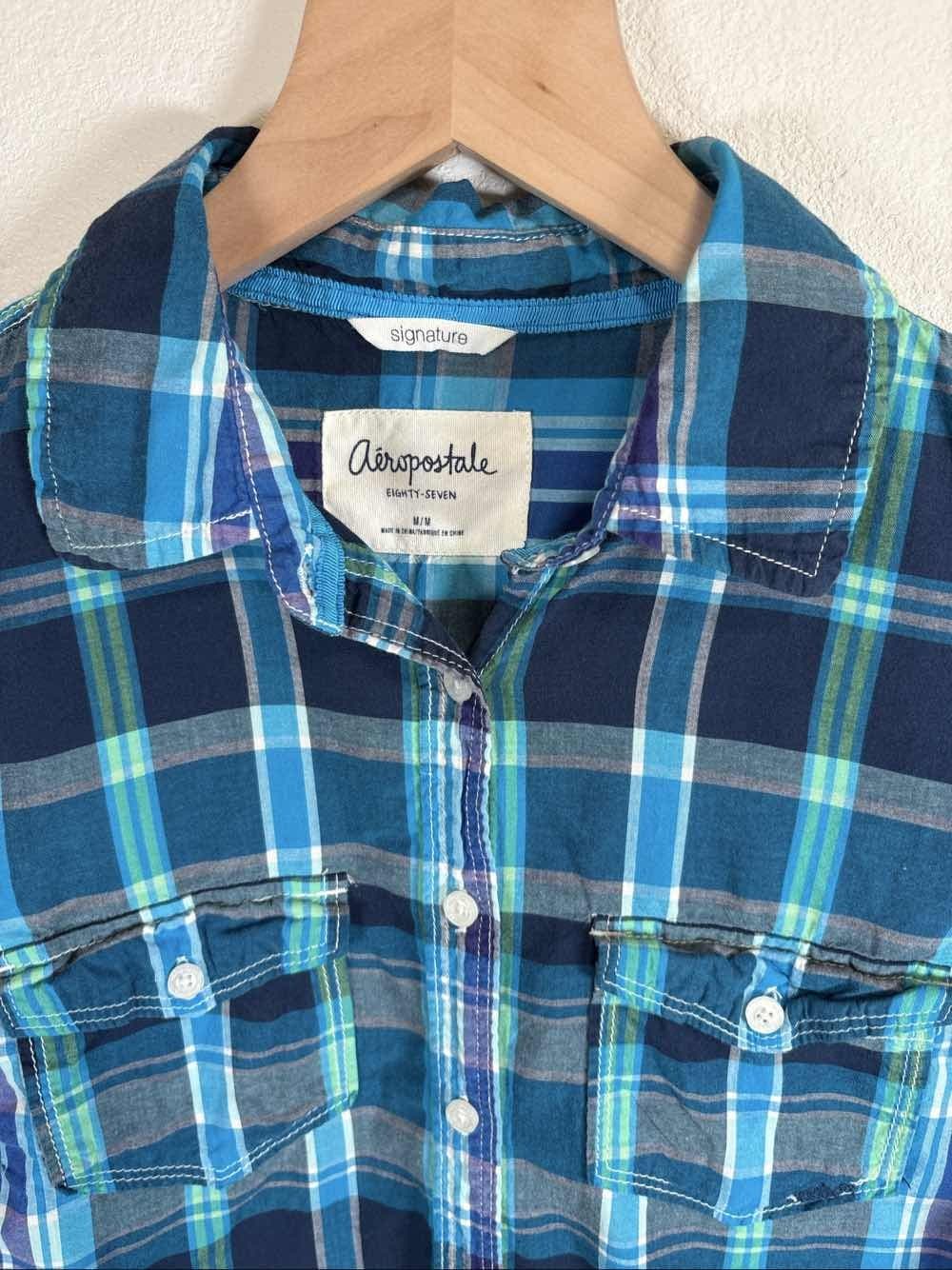 Aeropostale Signature Women's Blue Green Plaid Button Up Shirt M - Thumbnail 2