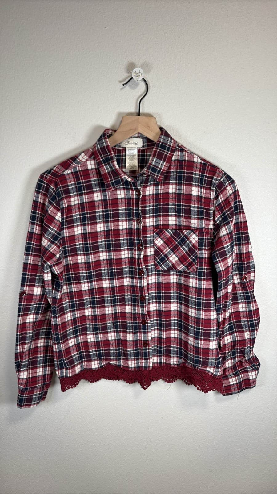 Scarlet Women's Red Navy Plaid Flannel Lace Trim Cropped Button Up M