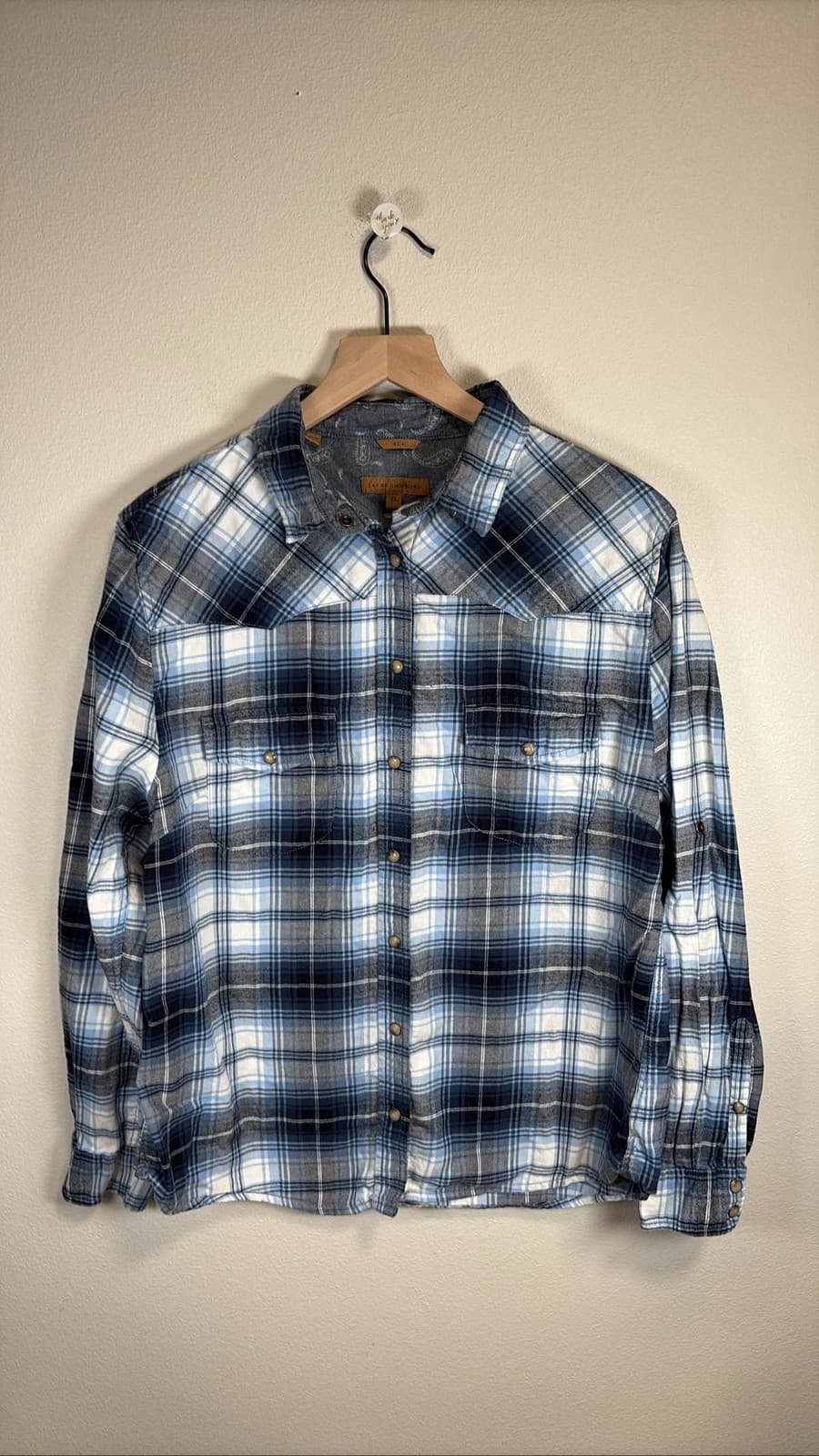 Jachs Girlfriend Bea Flannel Shirt Womens XL Blue Plaid Pearl Snap