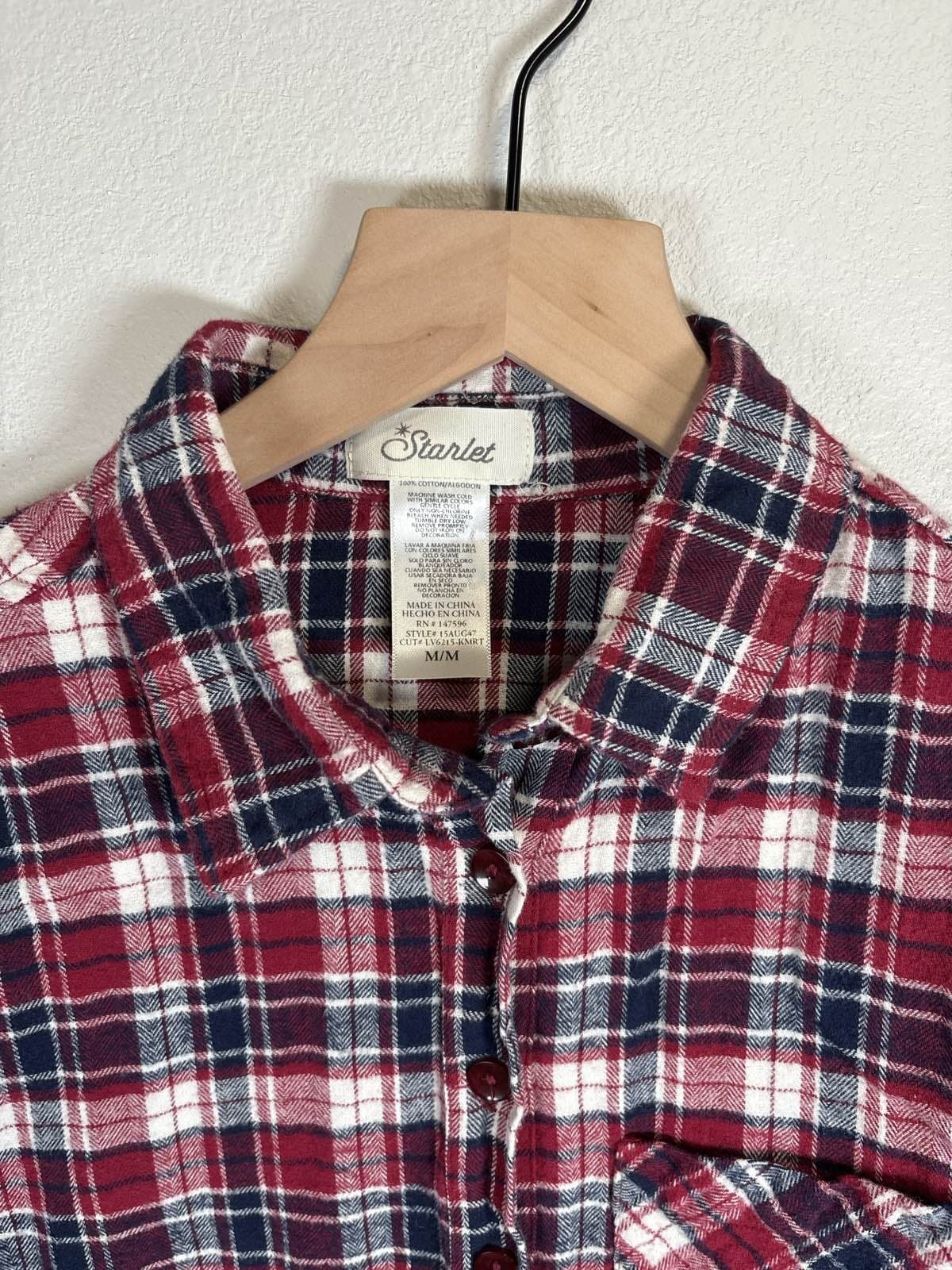 Scarlet Women's Red Navy Plaid Flannel Lace Trim Cropped Button Up M - Thumbnail 3