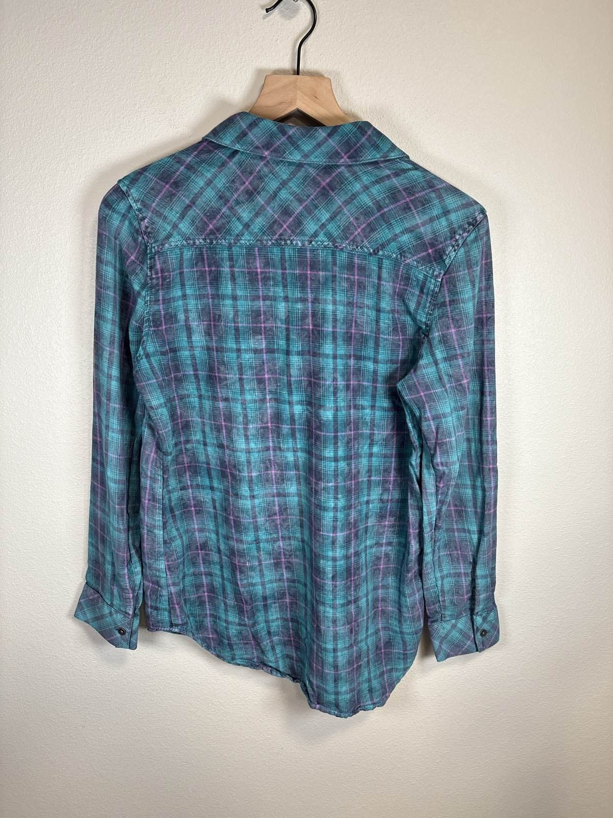 Rock & Republic Women's L Plaid Shirt Studded Pockets Teal Purple - Thumbnail 3