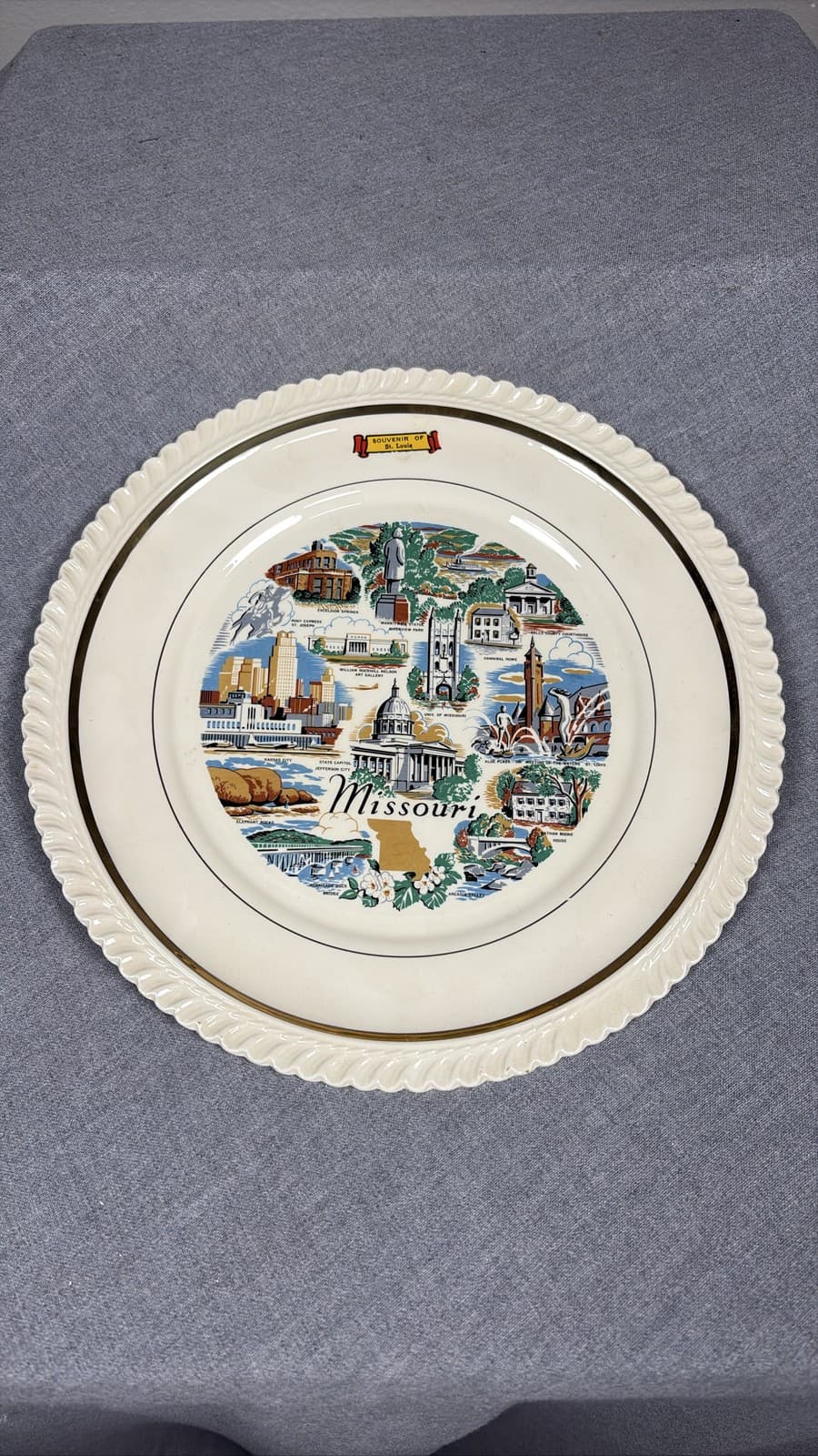 Vintage Missouri Souvenir Plate St. Louis Landmarks Gold Trim Scalloped Edge