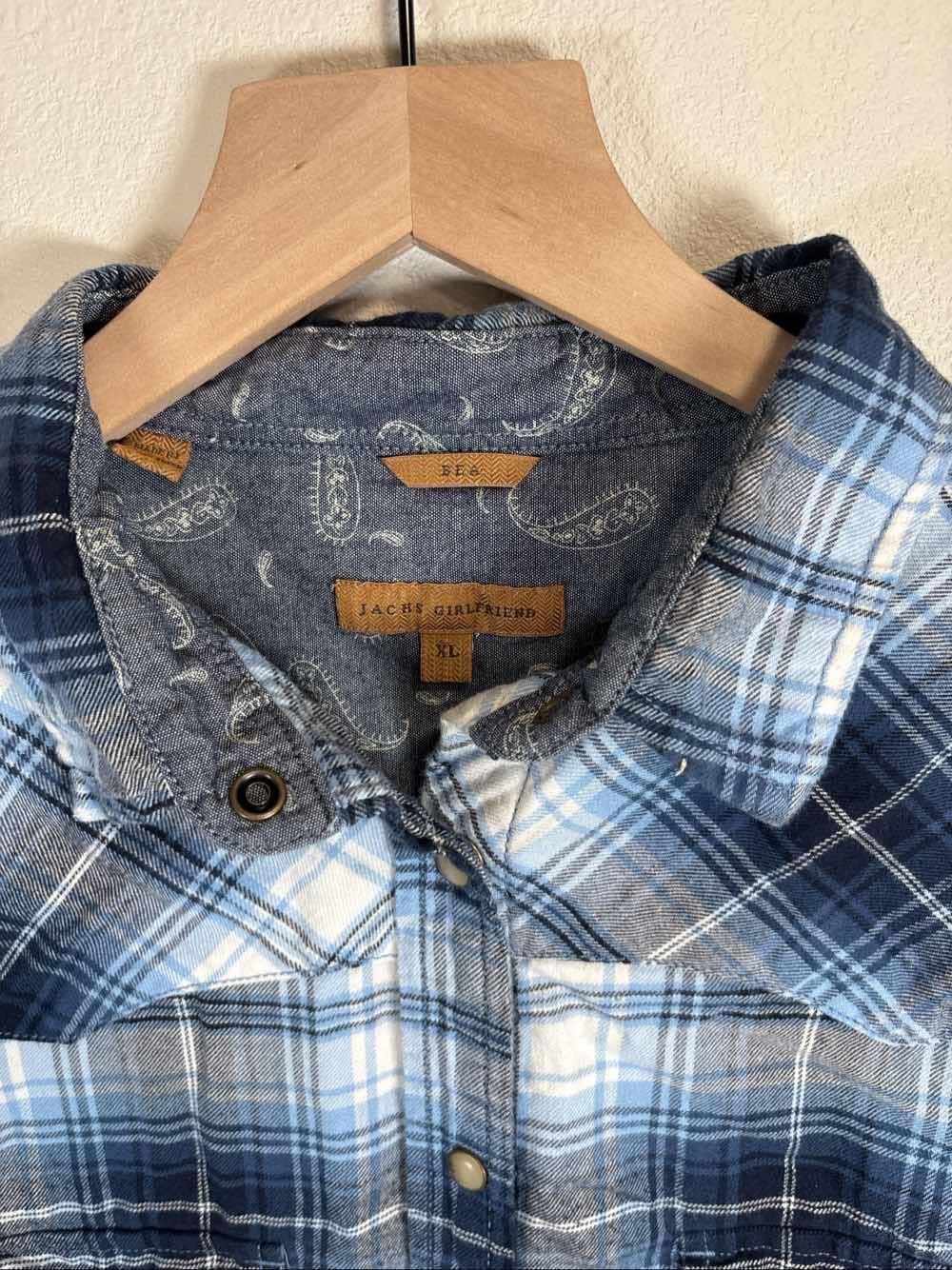 Jachs Girlfriend Bea Flannel Shirt Womens XL Blue Plaid Pearl Snap - Thumbnail 2