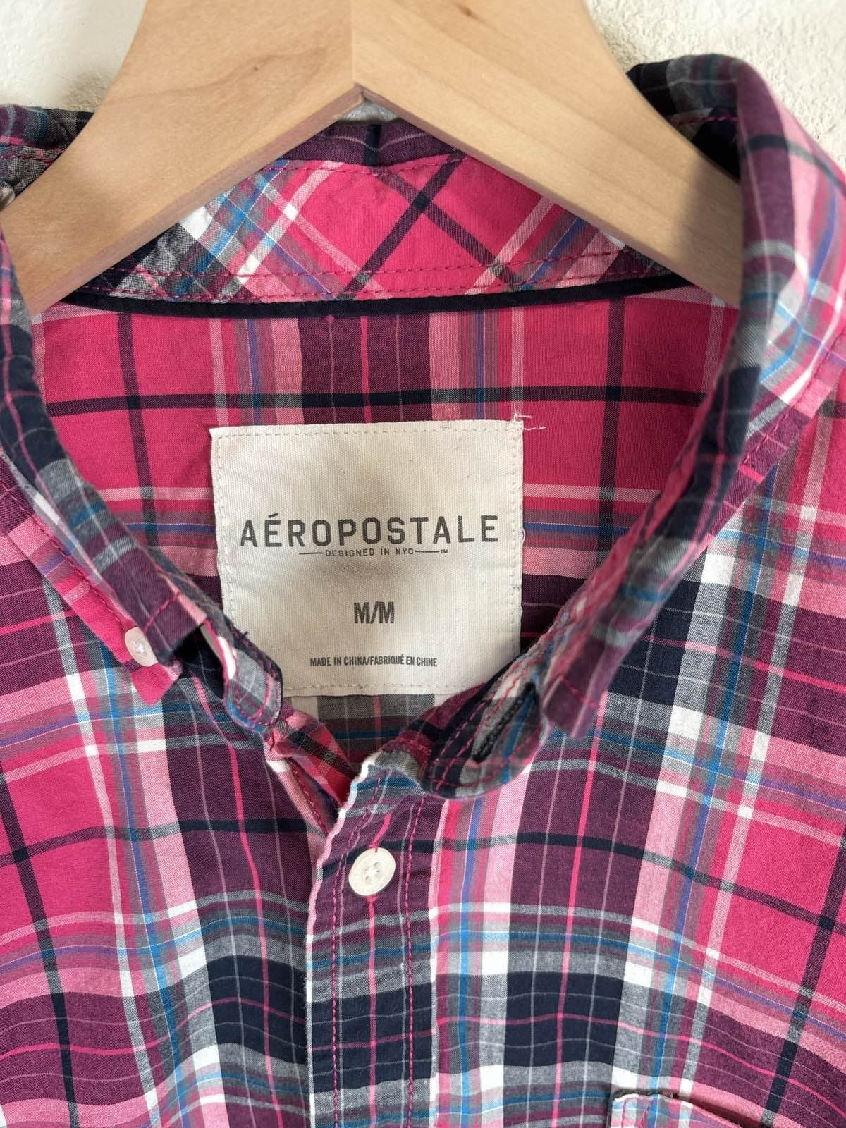 Aeropostale Men's Medium Pink Blue Plaid Long Sleeve Button Down Shirt - Thumbnail 2