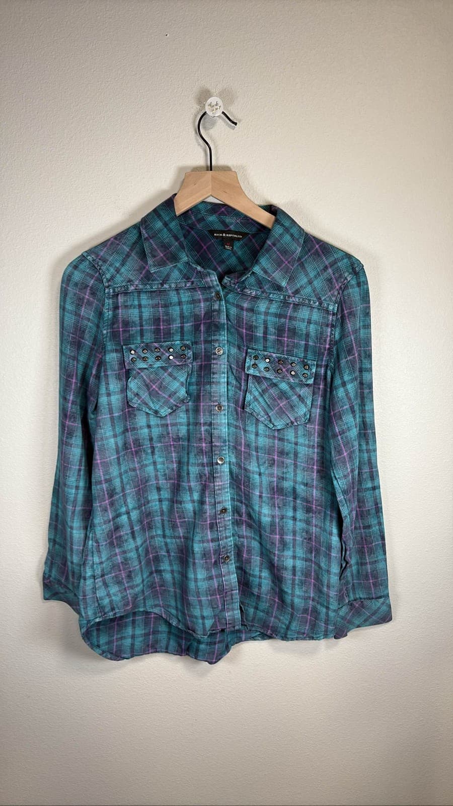 Rock & Republic Women's L Plaid Shirt Studded Pockets Teal Purple