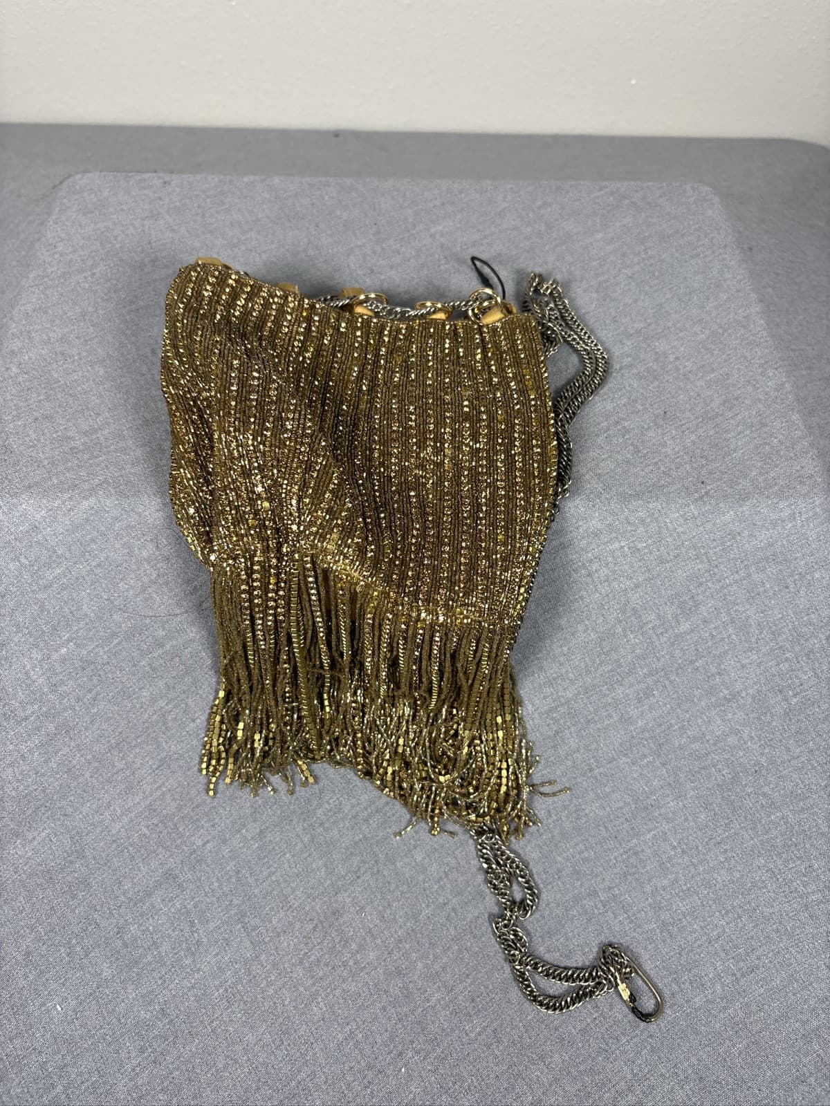 Zara Beaded Mini Bucket Bag Gold Tassel Fringe Shoulder Crossbody Purse - Thumbnail 2