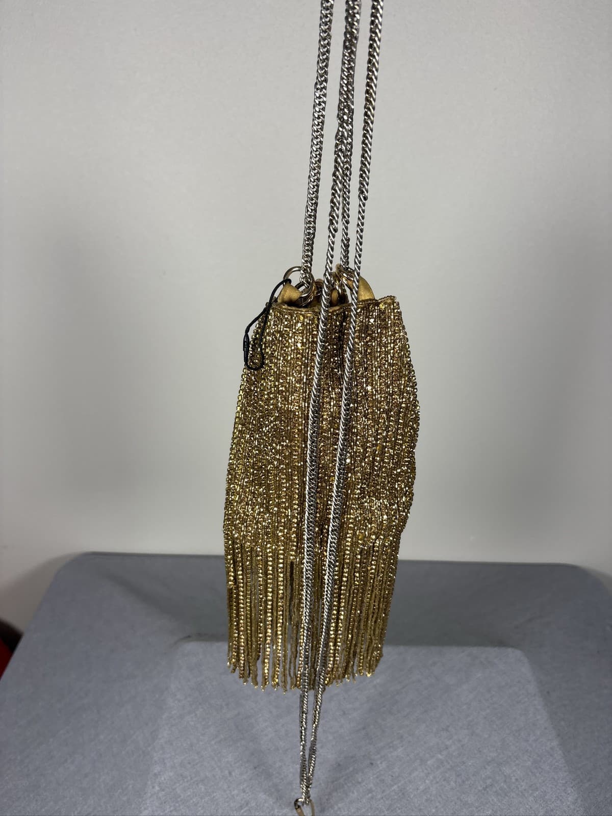 Zara Beaded Mini Bucket Bag Gold Tassel Fringe Shoulder Crossbody Purse