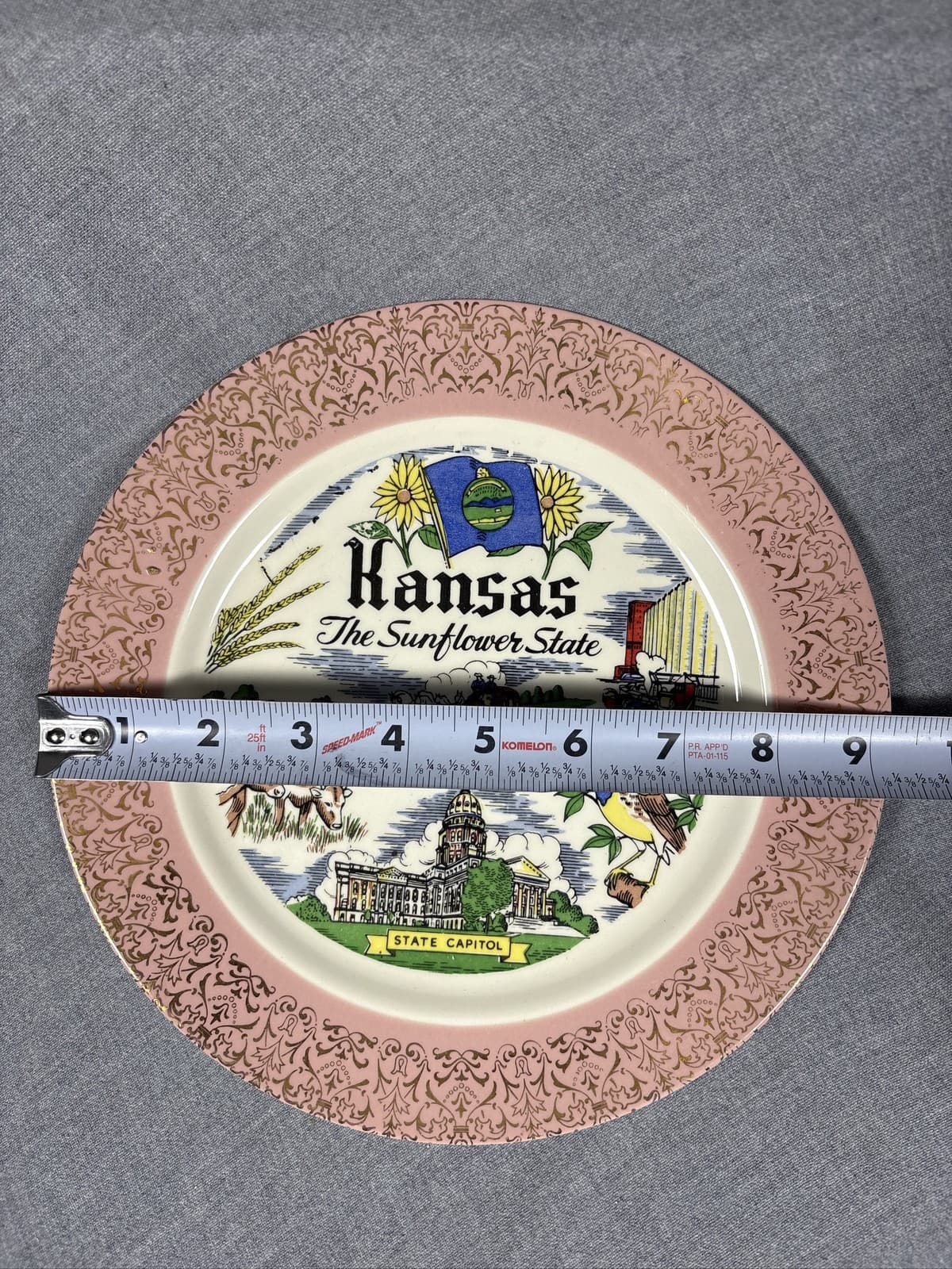 Vintage Kansas The Sunflower State Souvenir Collector Plate Pink Gold Filigree - Thumbnail 3