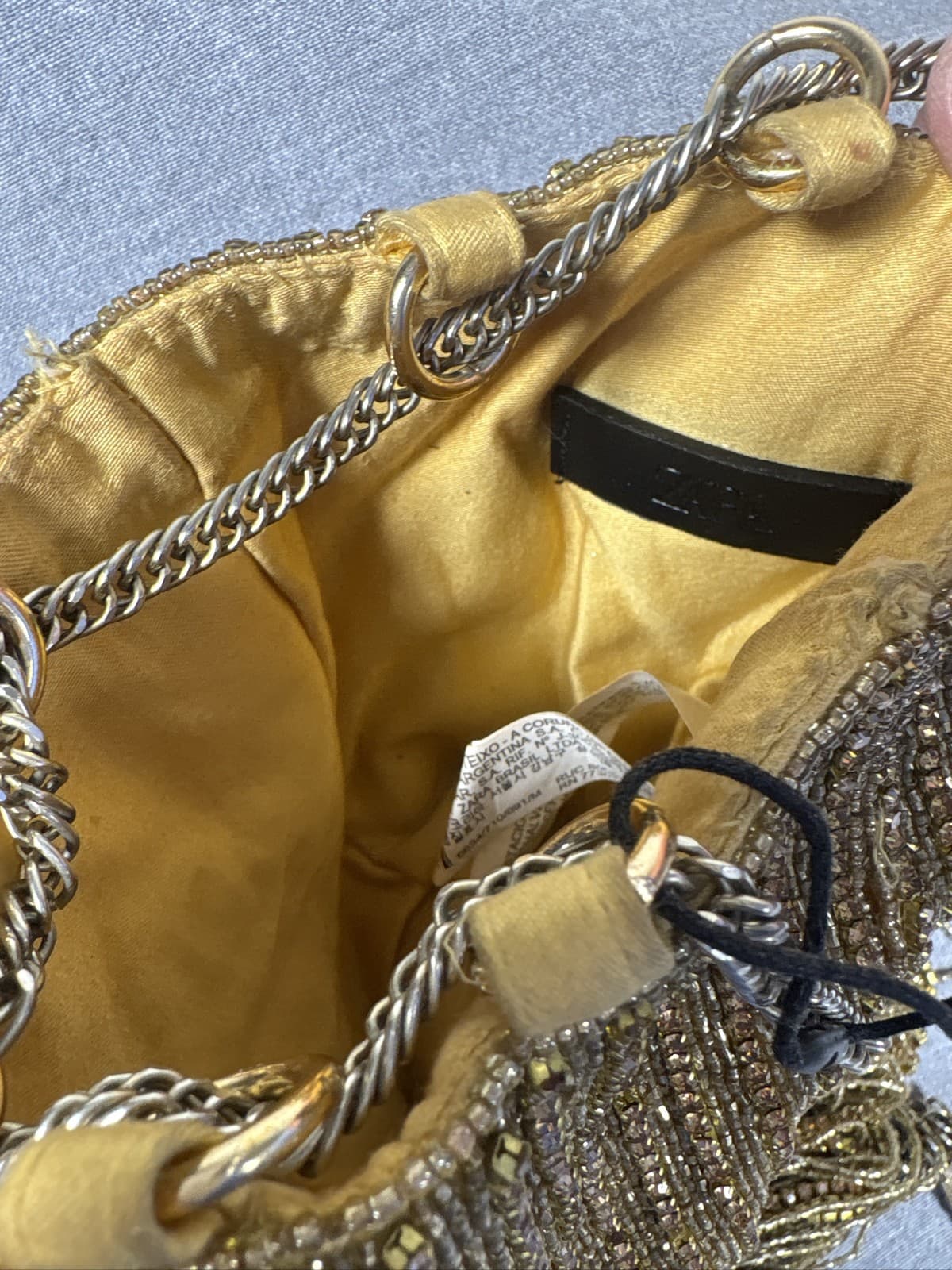 Zara Beaded Mini Bucket Bag Gold Tassel Fringe Shoulder Crossbody Purse - Thumbnail 3
