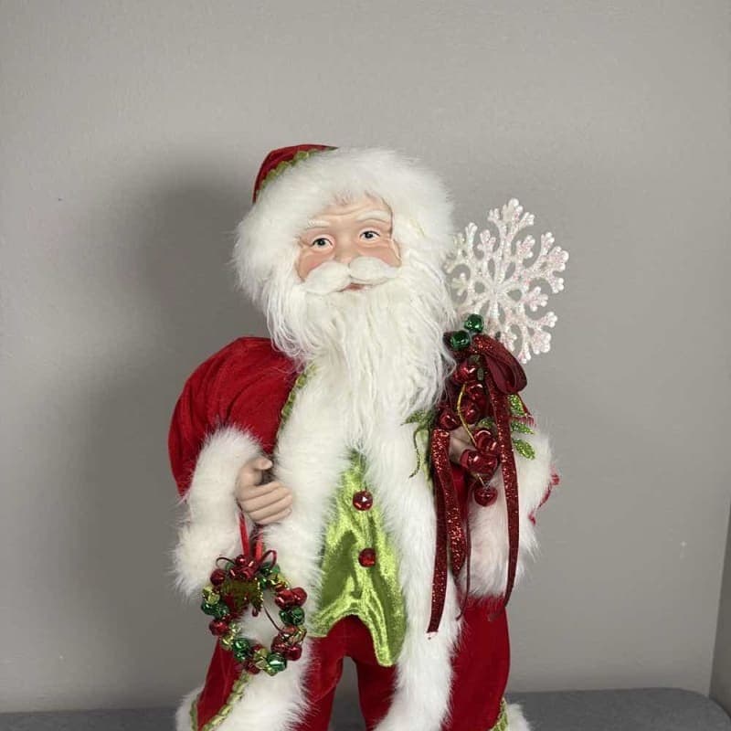 Santa Claus Standing Red Velvet Faux Fur Christmas Decor Snowflake Wreath 24”