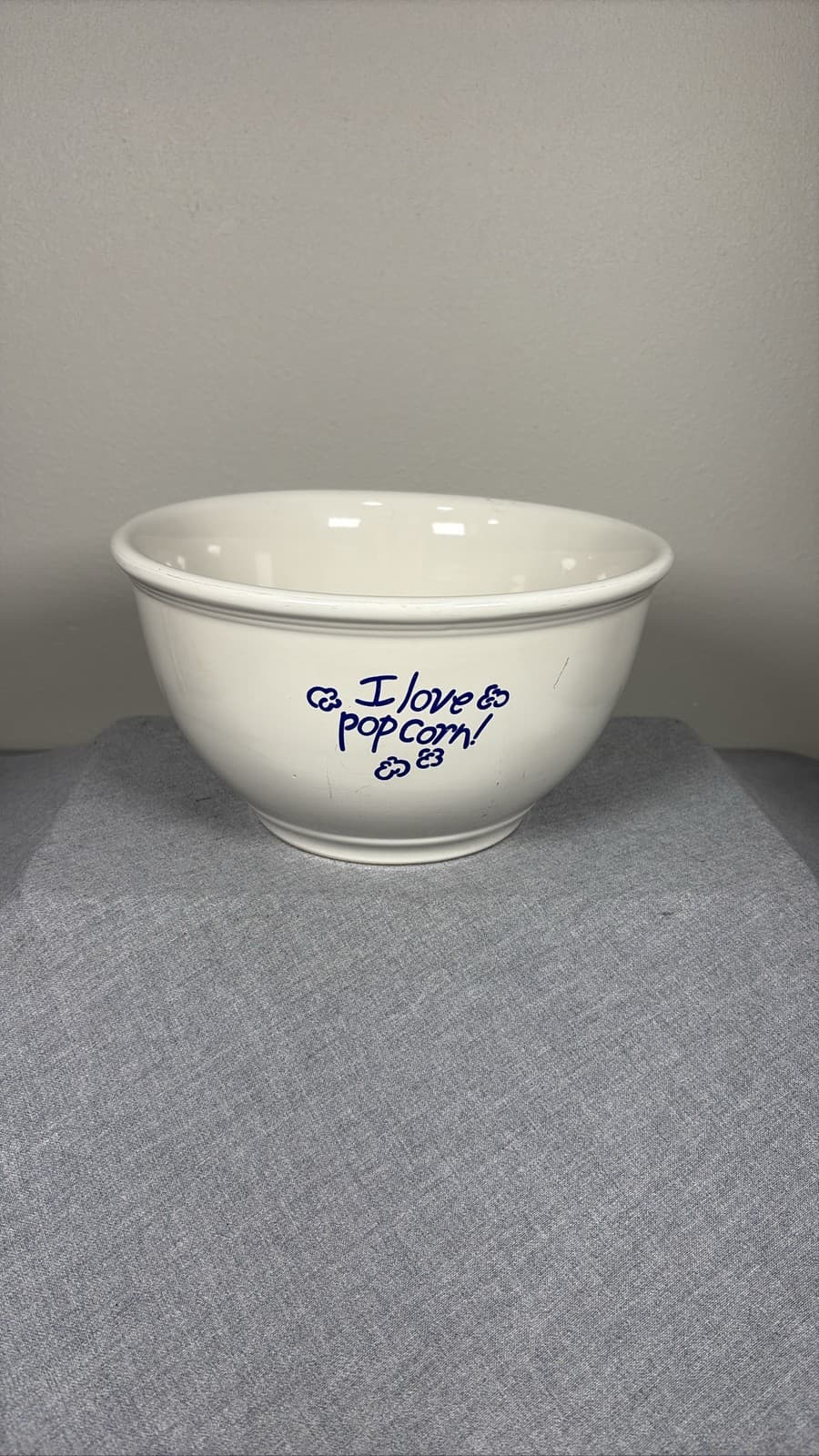 Gibson China I Love Popcorn Ceramic Bowl White Blue Snack Dish