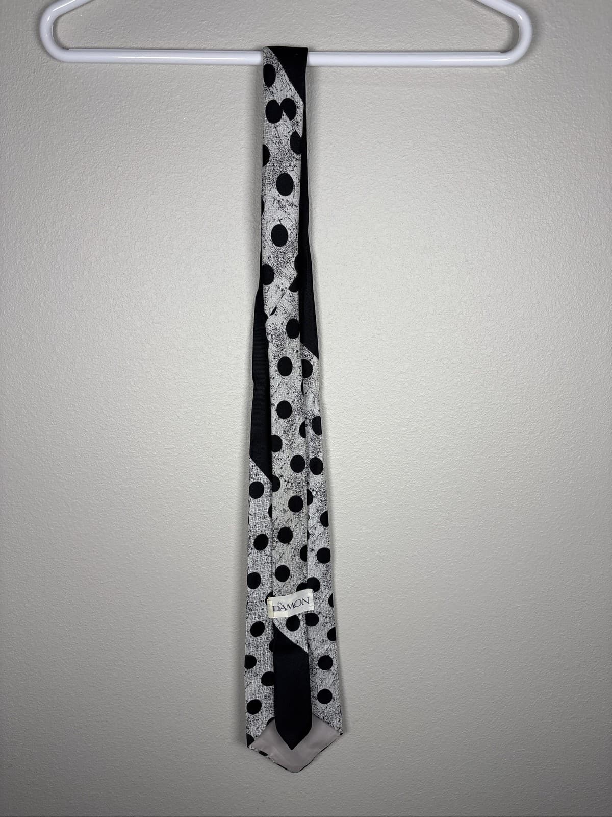 Vintage Damon Men's Necktie Black White Polka Dot Textured Pattern Neck Tie - Thumbnail 4