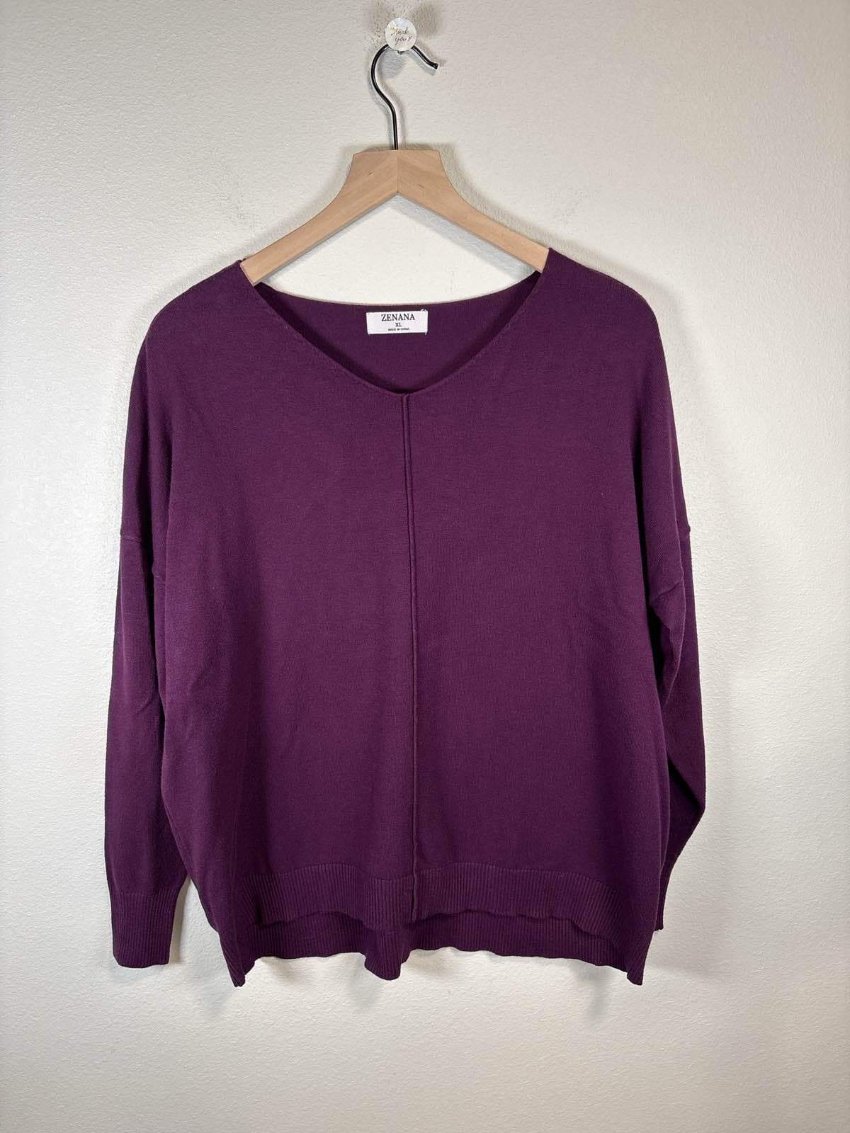 Zenana XL Purple Pullover Sweater V-Neck Long Sleeve