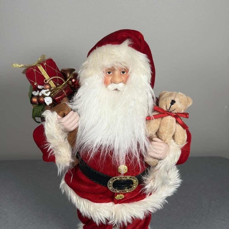 Large Santa Claus Figure w/ Teddy Bear & Gift Bag Christmas Decoration 18" Tall