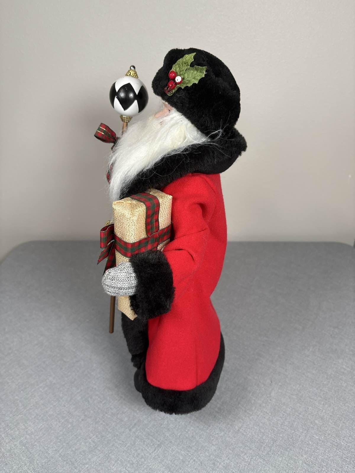 Large Santa Claus Figurine 18.5" Black Fur Trim Red Tunic Staff Gift - Thumbnail 2