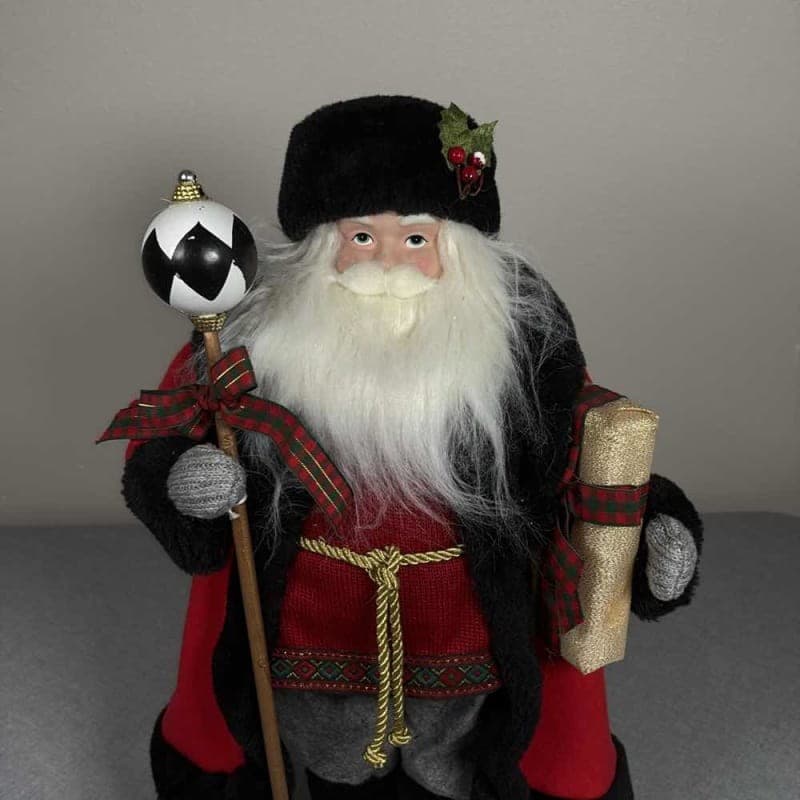 Large Santa Claus Figurine 18.5" Black Fur Trim Red Tunic Staff Gift