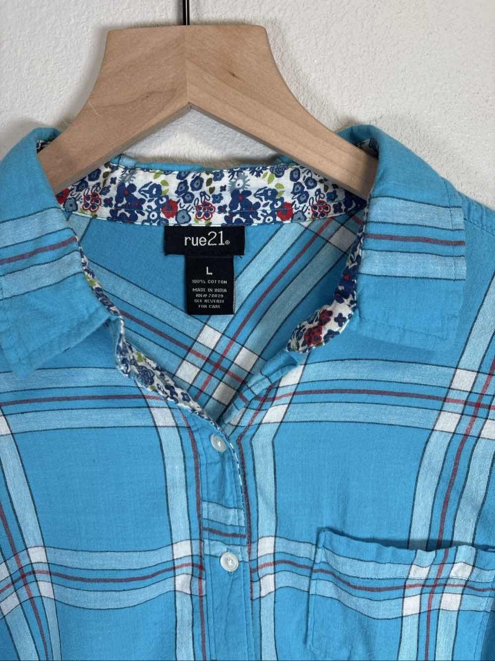 Rue 21 Women's Blue Plaid Flannel Shirt L - Thumbnail 2