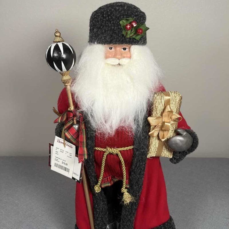 Santa Claus Figurine, Red Coat, Faux Fur, Holly Berries Standing 20” NWT