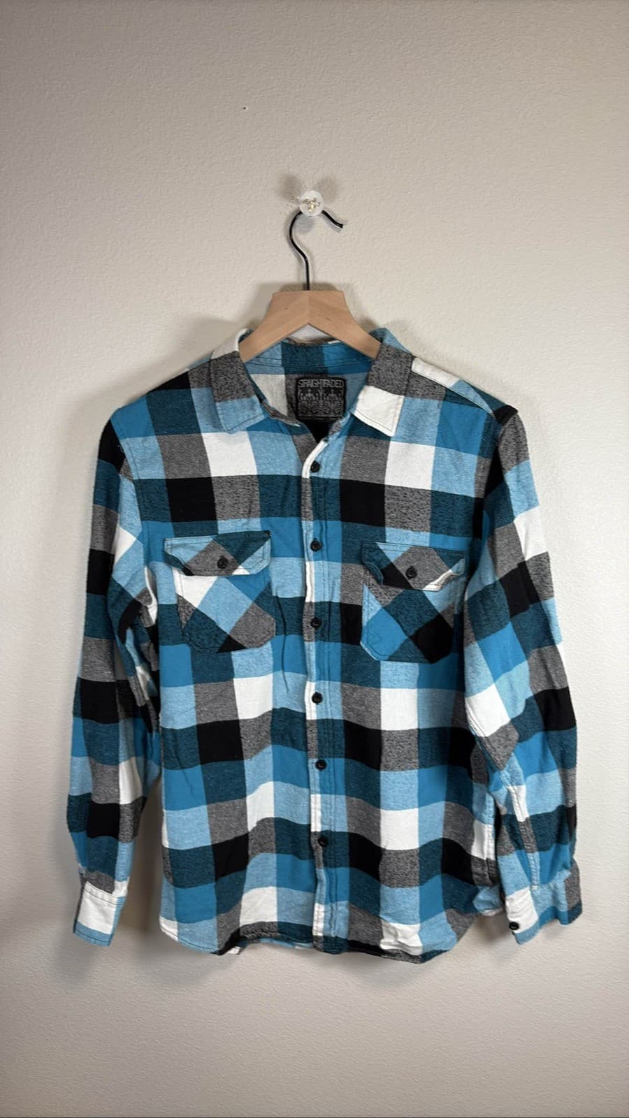 Straightfaded Brand Men's Blue Black Gray Plaid Flannel Button Down Shirt M