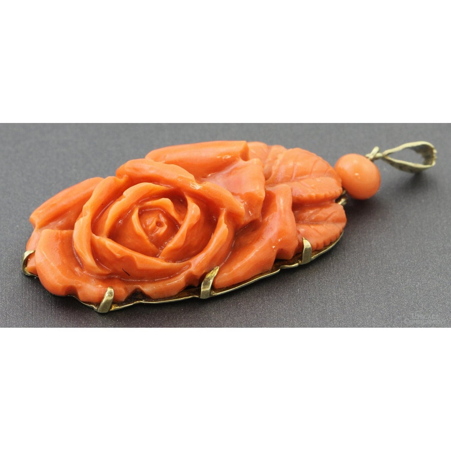 Coral Pendant in 14K Gold w/Natural Momo Coral Rose - 2.25" x 1" - Thumbnail 2