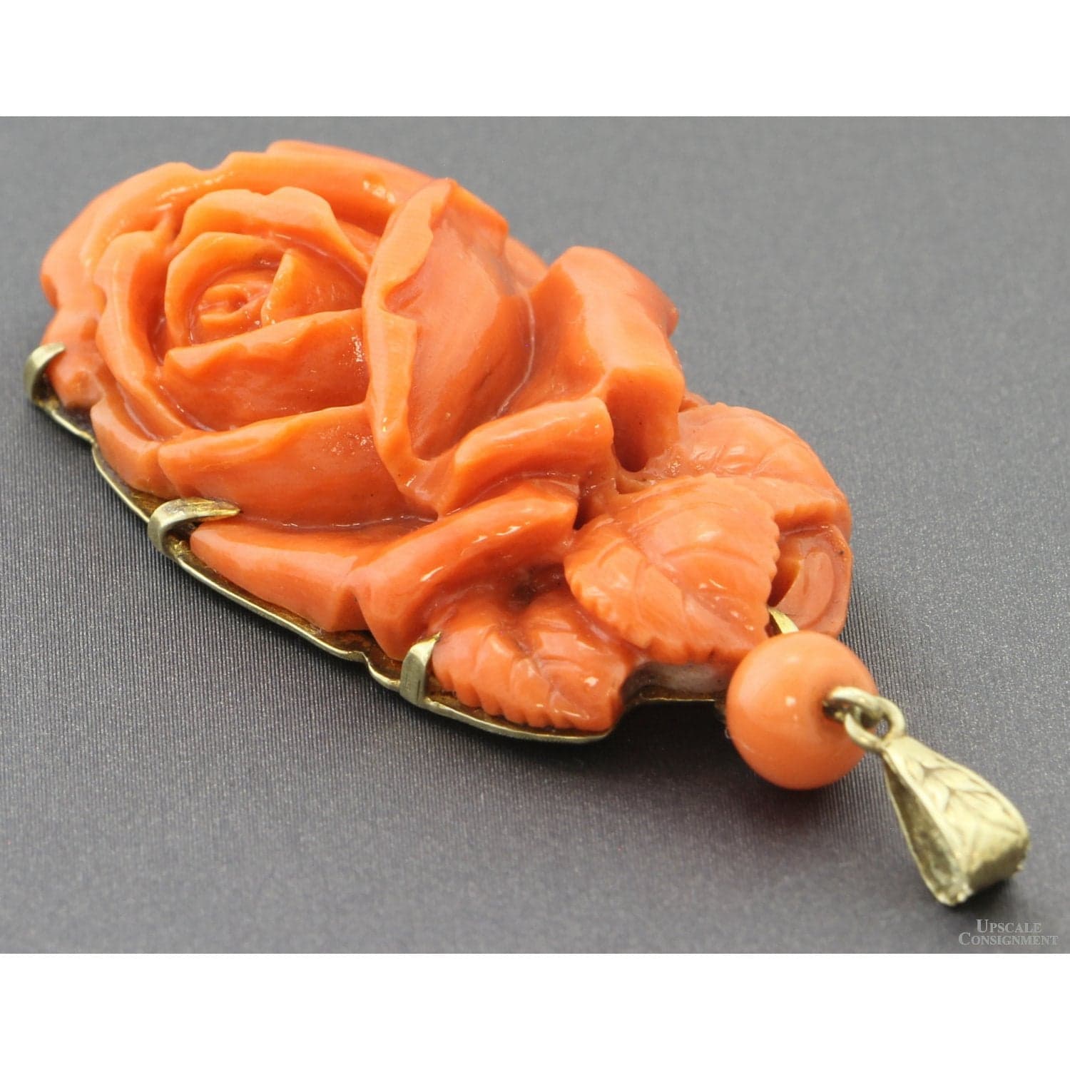 Coral Pendant in 14K Gold w/Natural Momo Coral Rose - 2.25" x 1" - Thumbnail 3