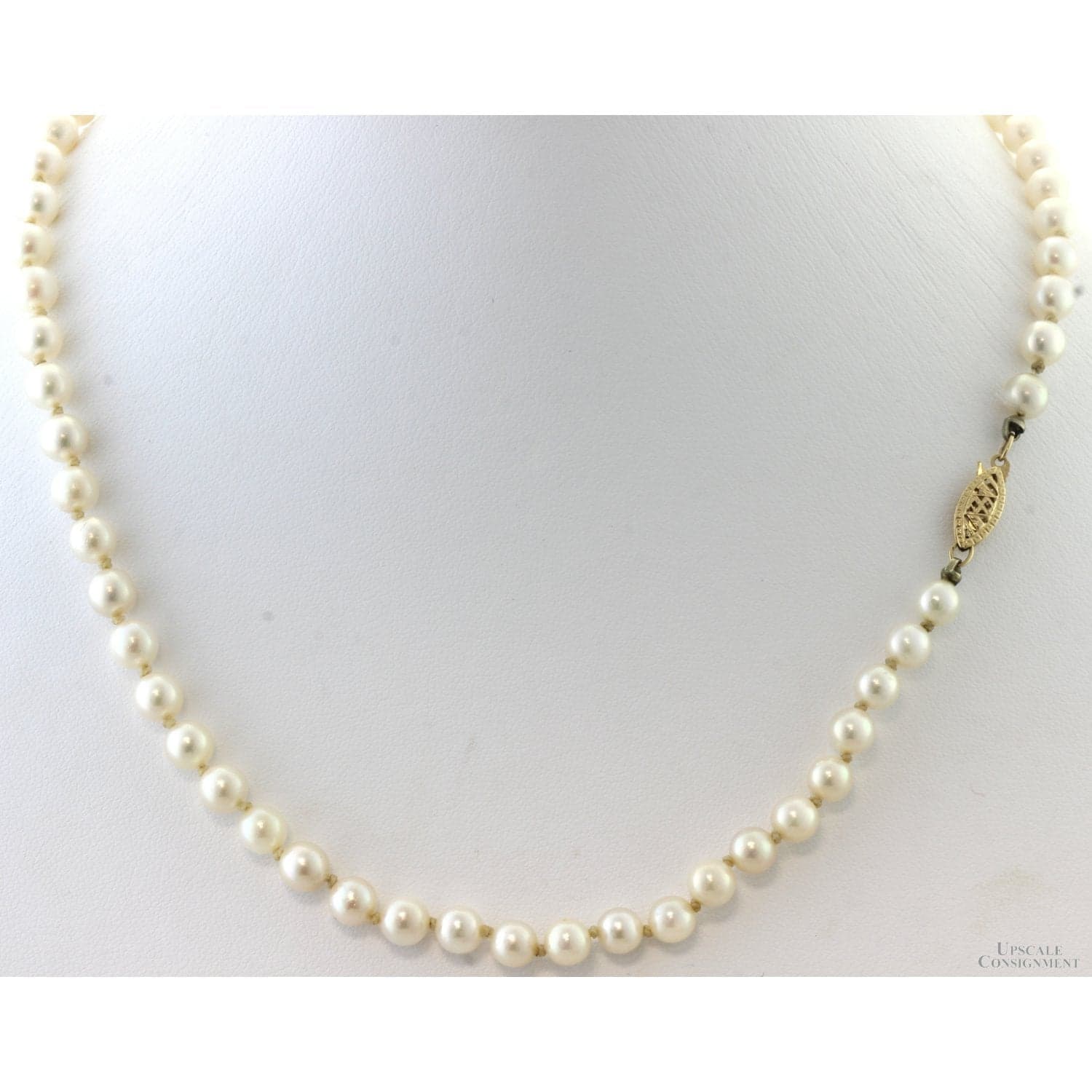 Vintage Cultured Akoya Pearl Necklace | Hand-Knotted Strand | 14K Gold Clasp - 17.5"-18"(l) - Thumbnail 2