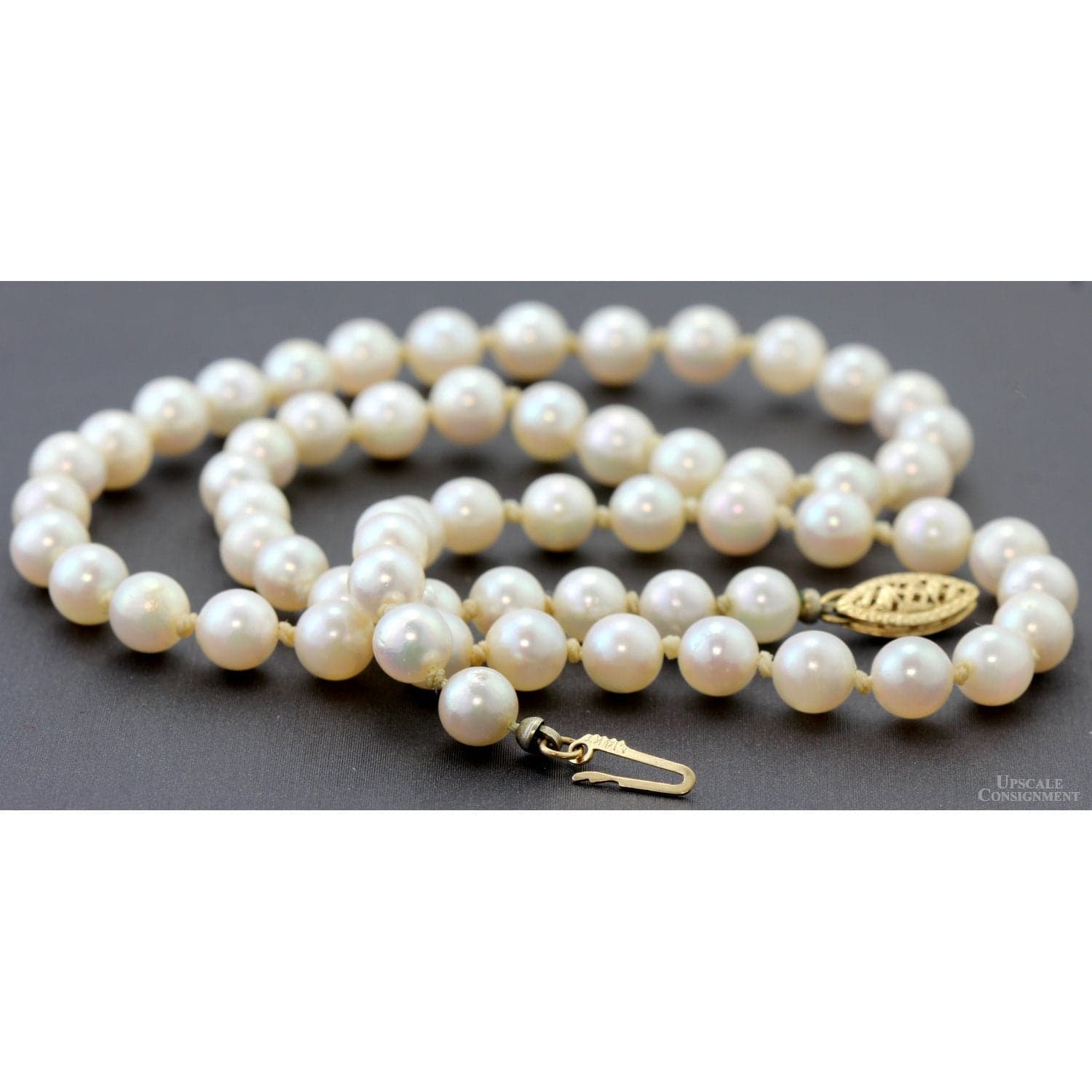 Vintage Cultured Akoya Pearl Necklace | Hand-Knotted Strand | 14K Gold Clasp - 17.5"-18"(l) - Thumbnail 4