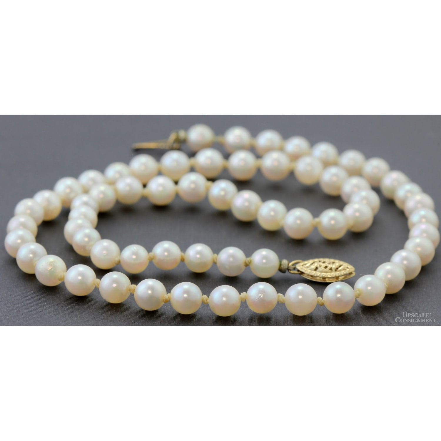 Vintage Cultured Akoya Pearl Necklace | Hand-Knotted Strand | 14K Gold Clasp - 17.5"-18"(l) - Thumbnail 3
