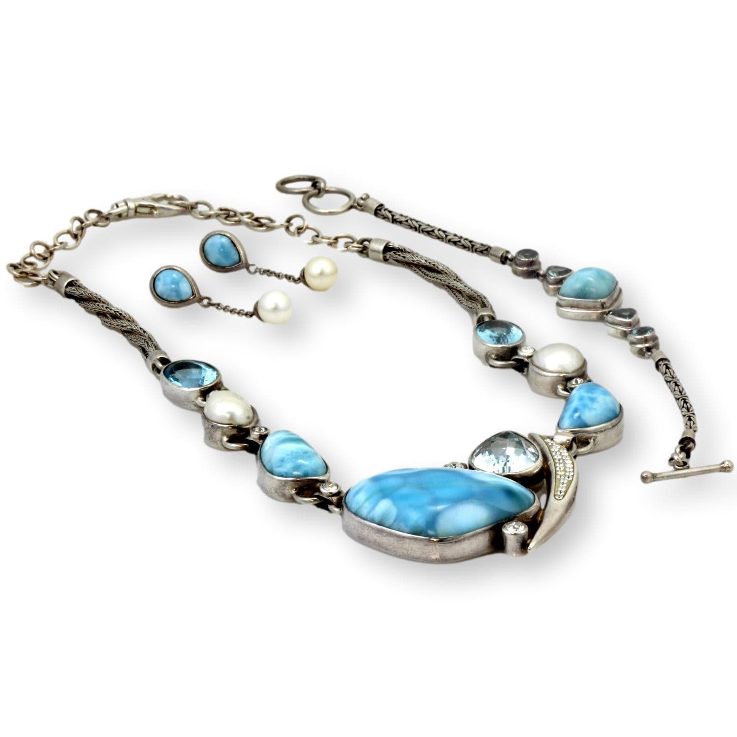 Starborn Larimar Blue Topaz White Topaz Pearl Sterling Silver Suite - 18" - 20" - Thumbnail 3