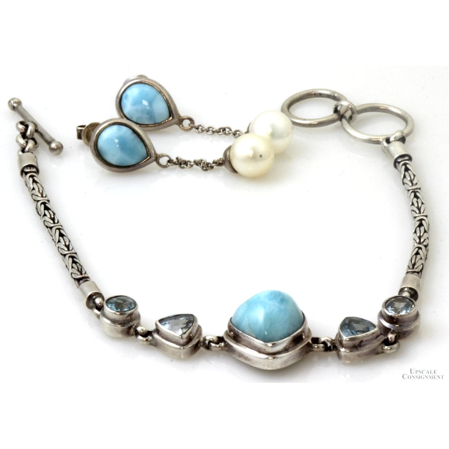 Starborn Larimar Blue Topaz White Topaz Pearl Sterling Silver Suite - 18" - 20" - Thumbnail 2