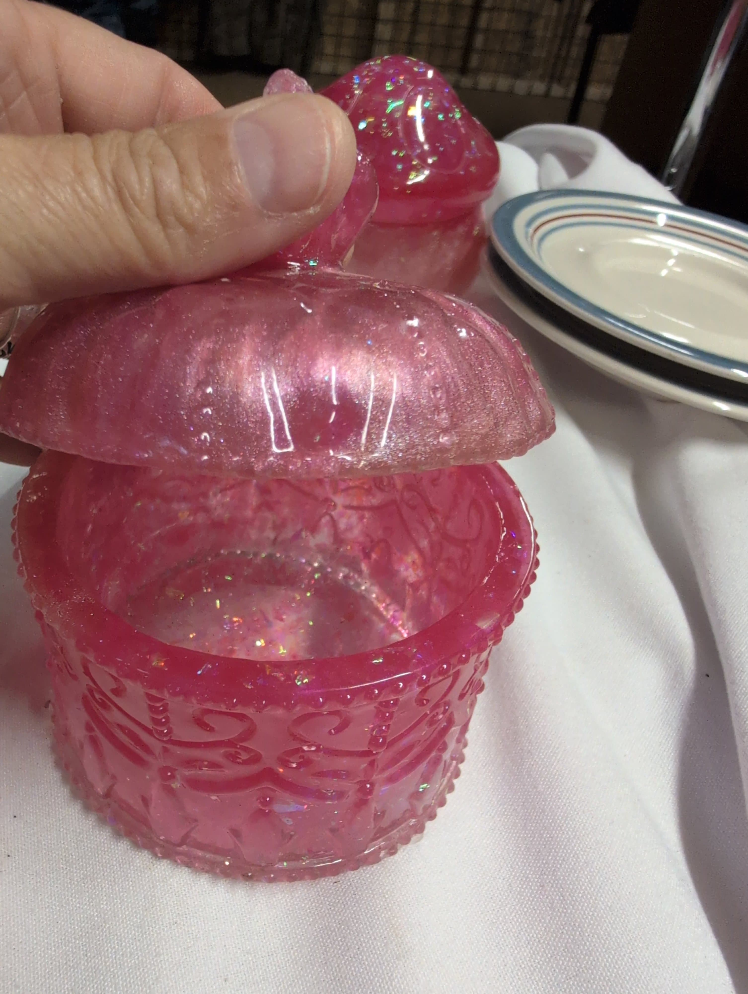 Vintage Pink Glass Candy Dish with Lid - Thumbnail 2