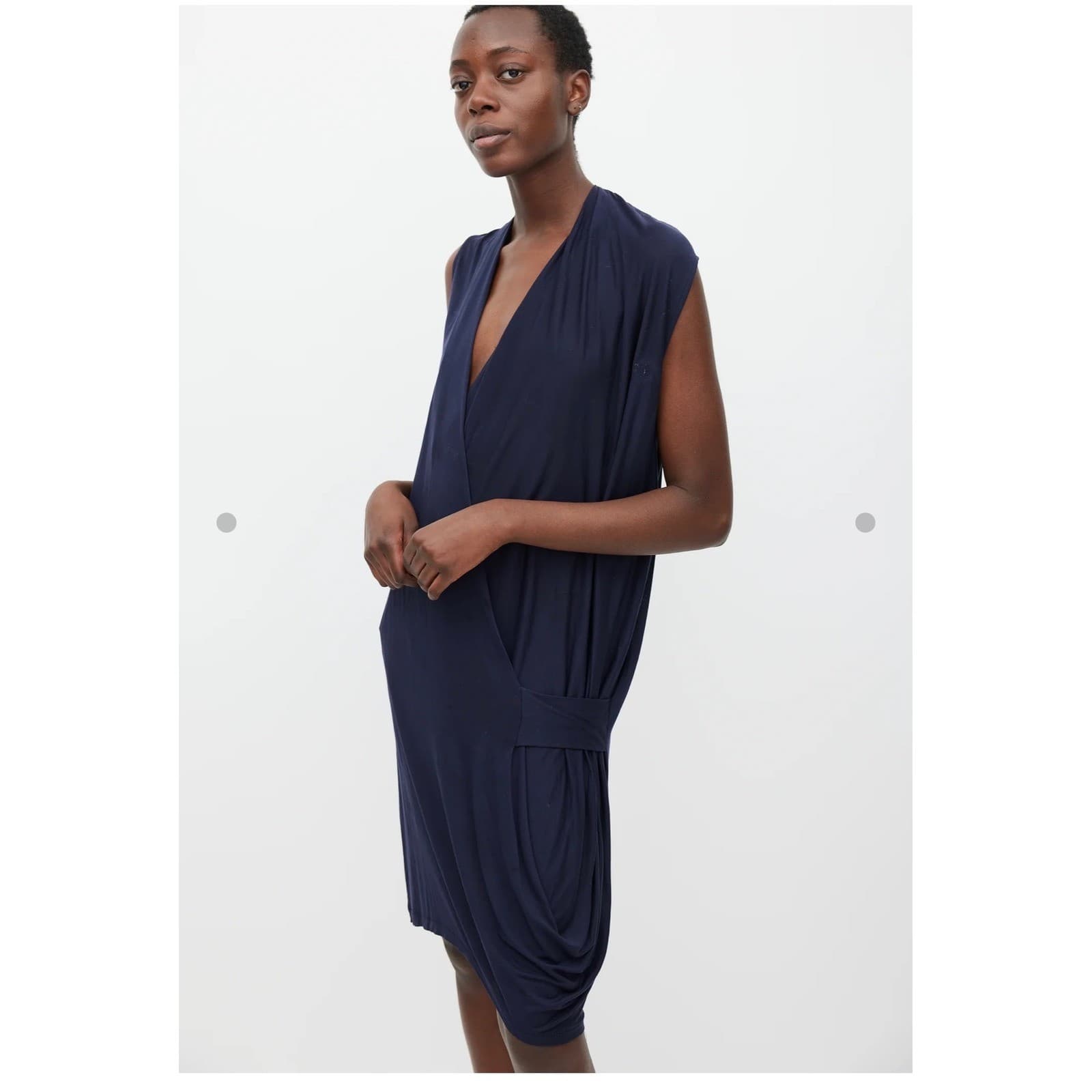 Acne Studios Navy Faux Wrap Sz M | Plunging V-Neck Draped Front Designer - Thumbnail 2