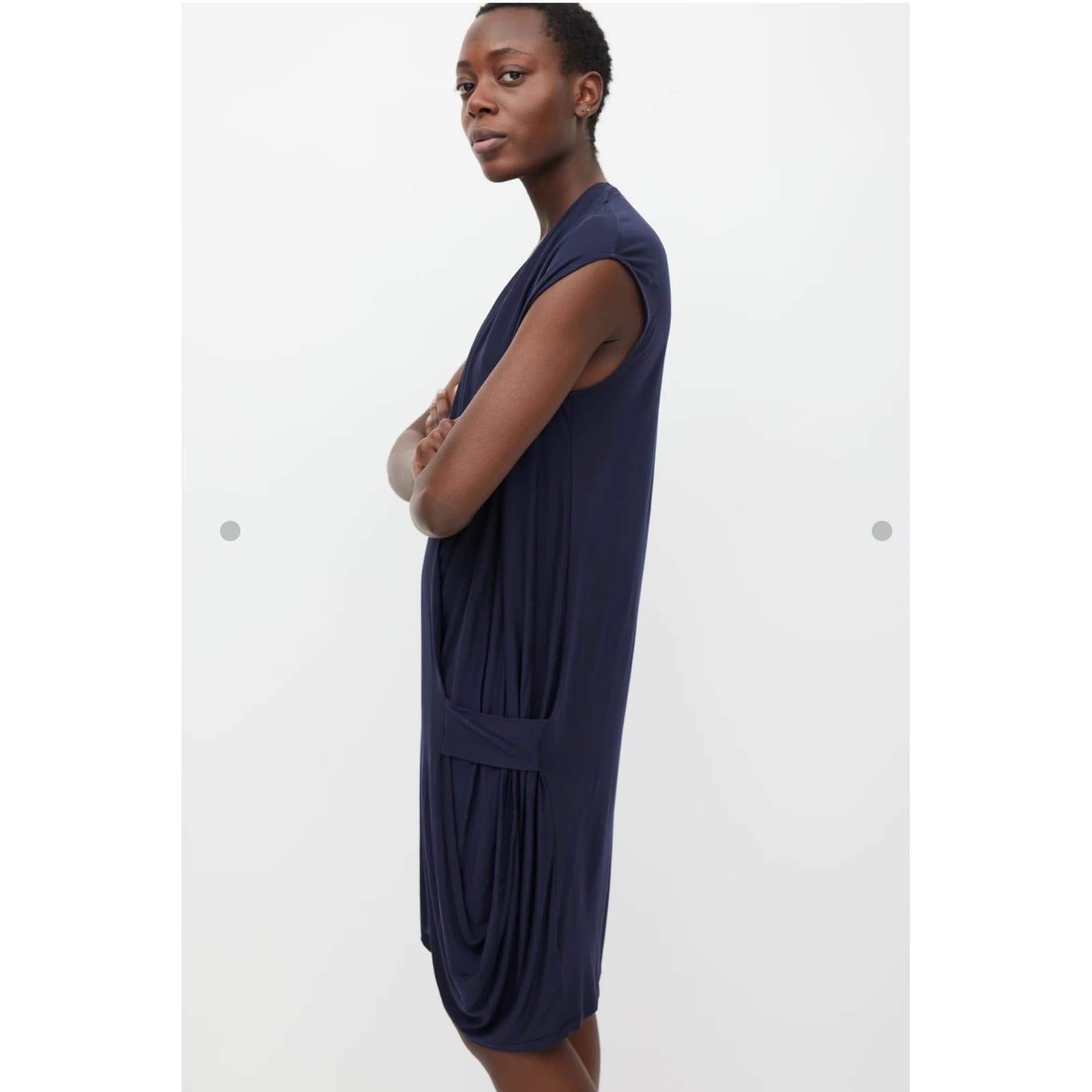 Acne Studios Navy Faux Wrap Sz M | Plunging V-Neck Draped Front Designer - Thumbnail 3