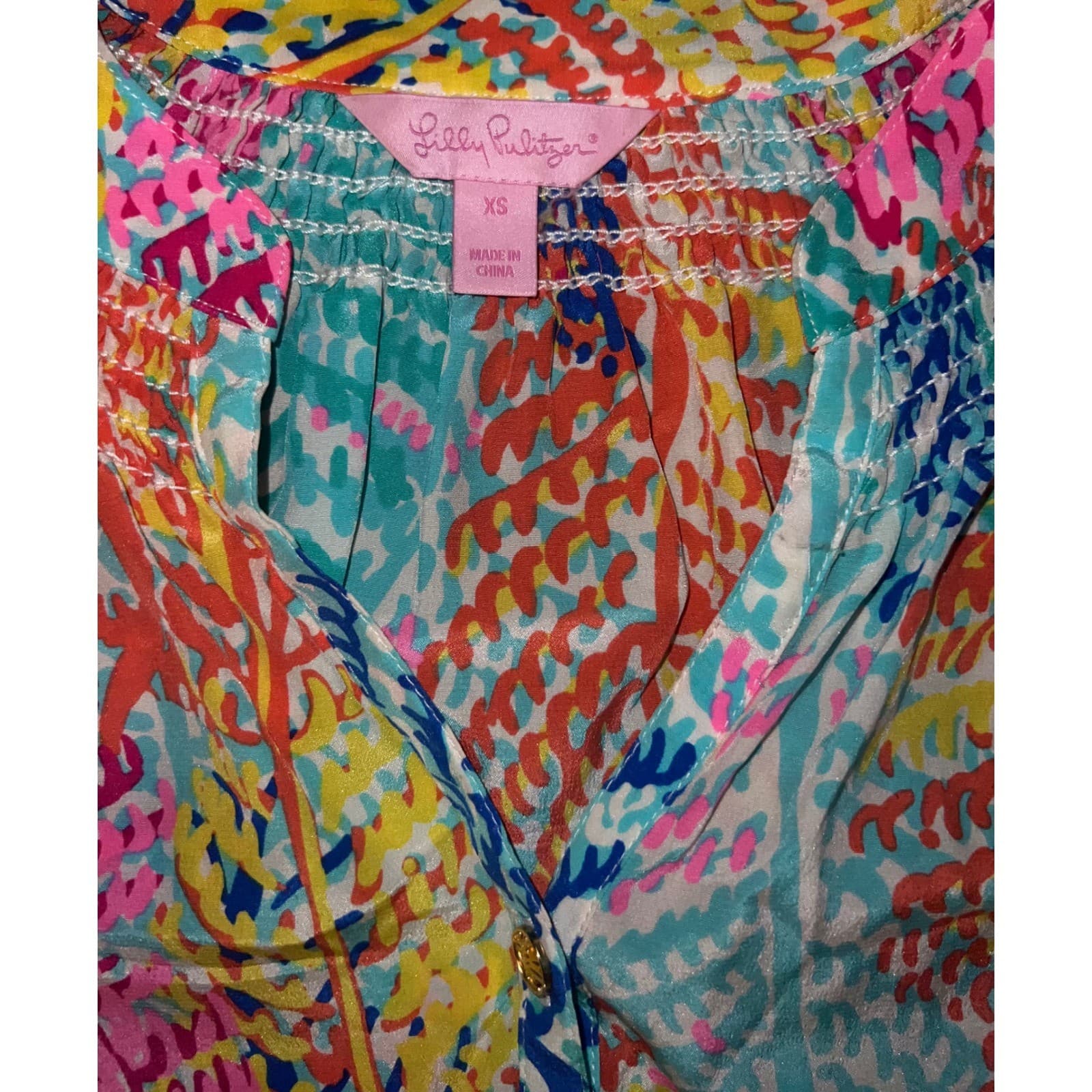 Lilly Pulitzer 100% Silk Multicolor Leaf Print Tunic Top dopamine Sz xs - Thumbnail 6