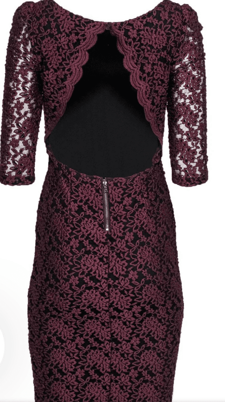 Alice & Olivia - Burgundy & Black Lace Sheath Dress Sz 4 Avant Garde Coastal - Thumbnail 3